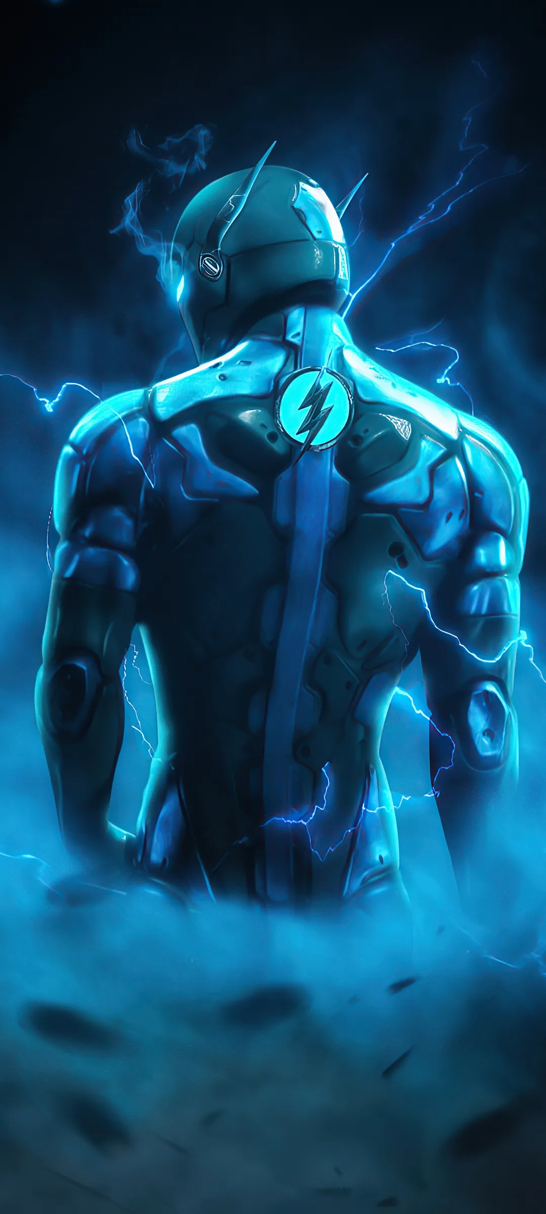 Blue Flame Warrior with Glowing Eyes in Dark Aura Image