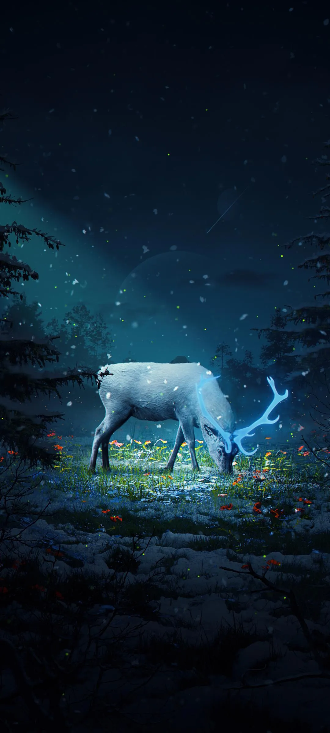 Blue Glowing Deer in Dark Enchanted Forest Wallpaper