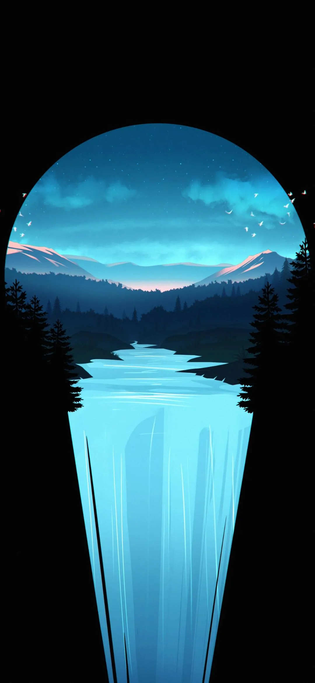 Blue Neon Waterfall Glow for Elegant Phone Display Wallpaper