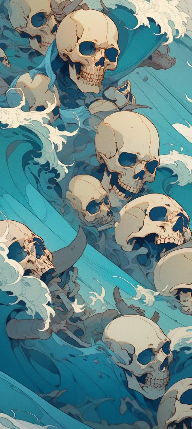 Blue Ocean Waves Filled with Floating Skulls Art Wallpaper