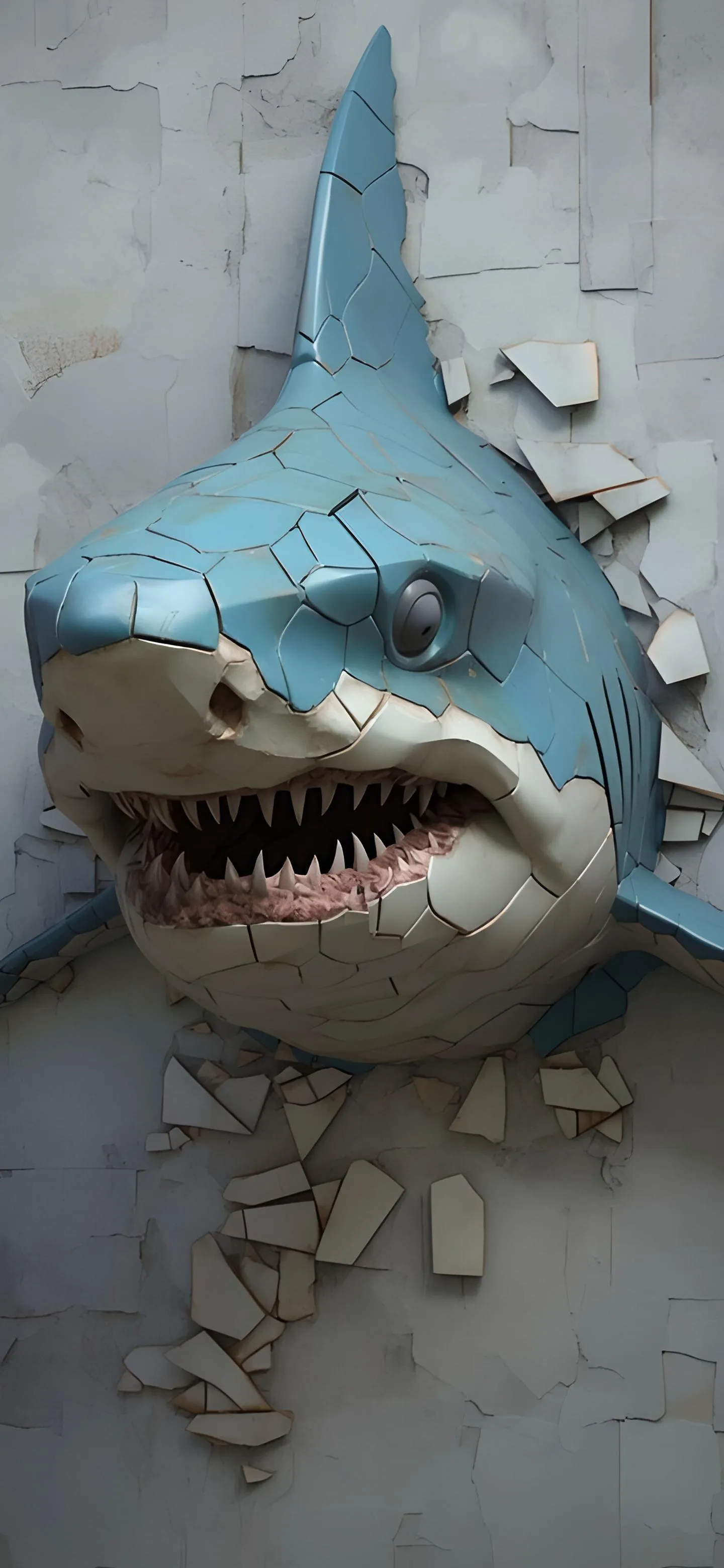 Blue Shark Breaking Through Concrete Wall Wallpaper