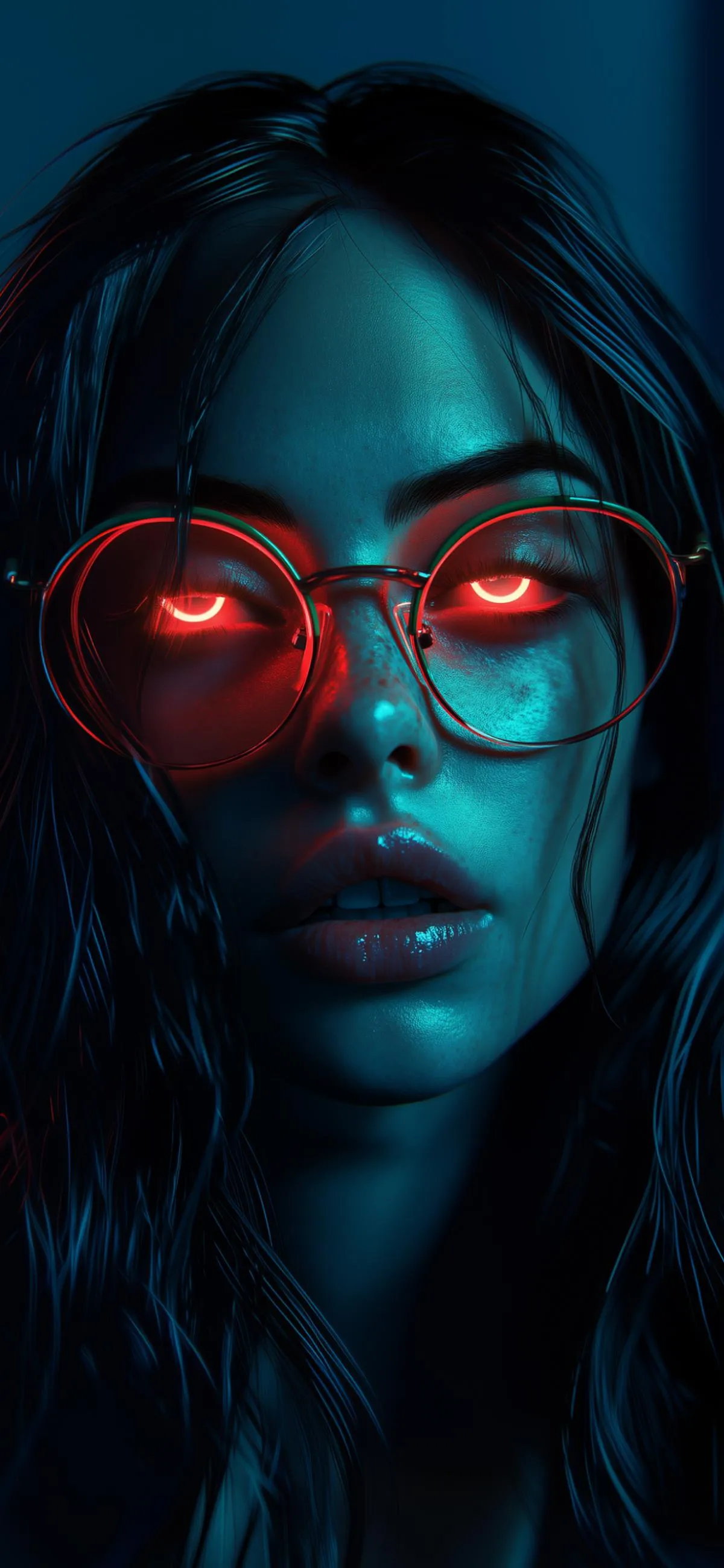 Blue Toned Portrait of Woman in Neon Lighting and Glasses