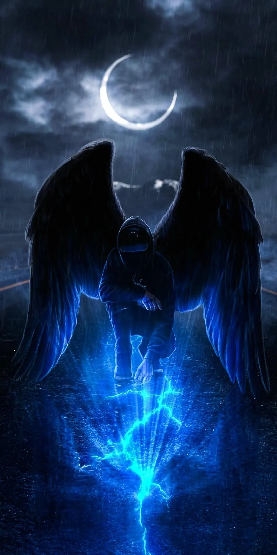Blue Winged Creature in Dark Scene with Glowing Effects