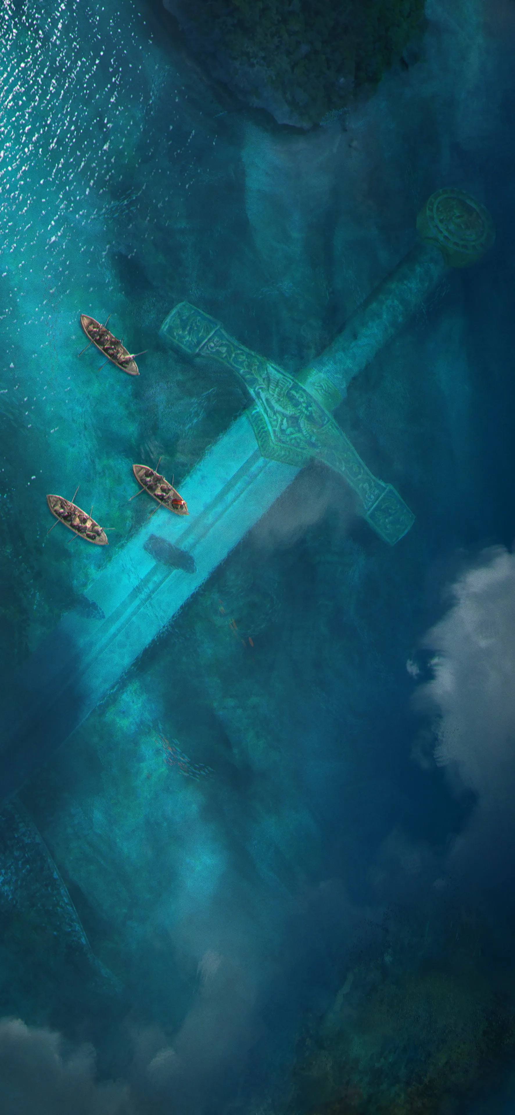 Boats Sailing in Deep Blue Underwater Ocean Scene Image