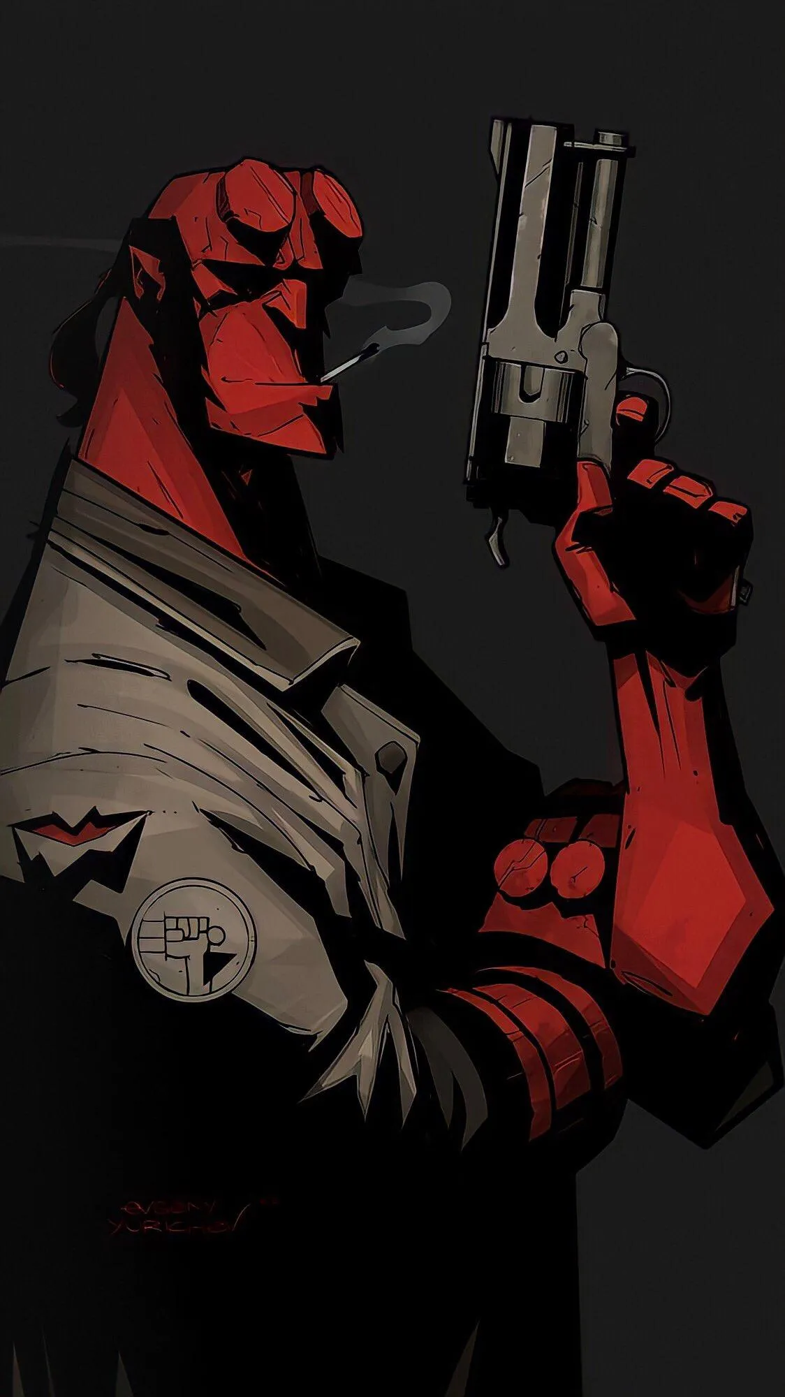 Bold Comic Hero with Gun in Dark Red Background Wallpaper