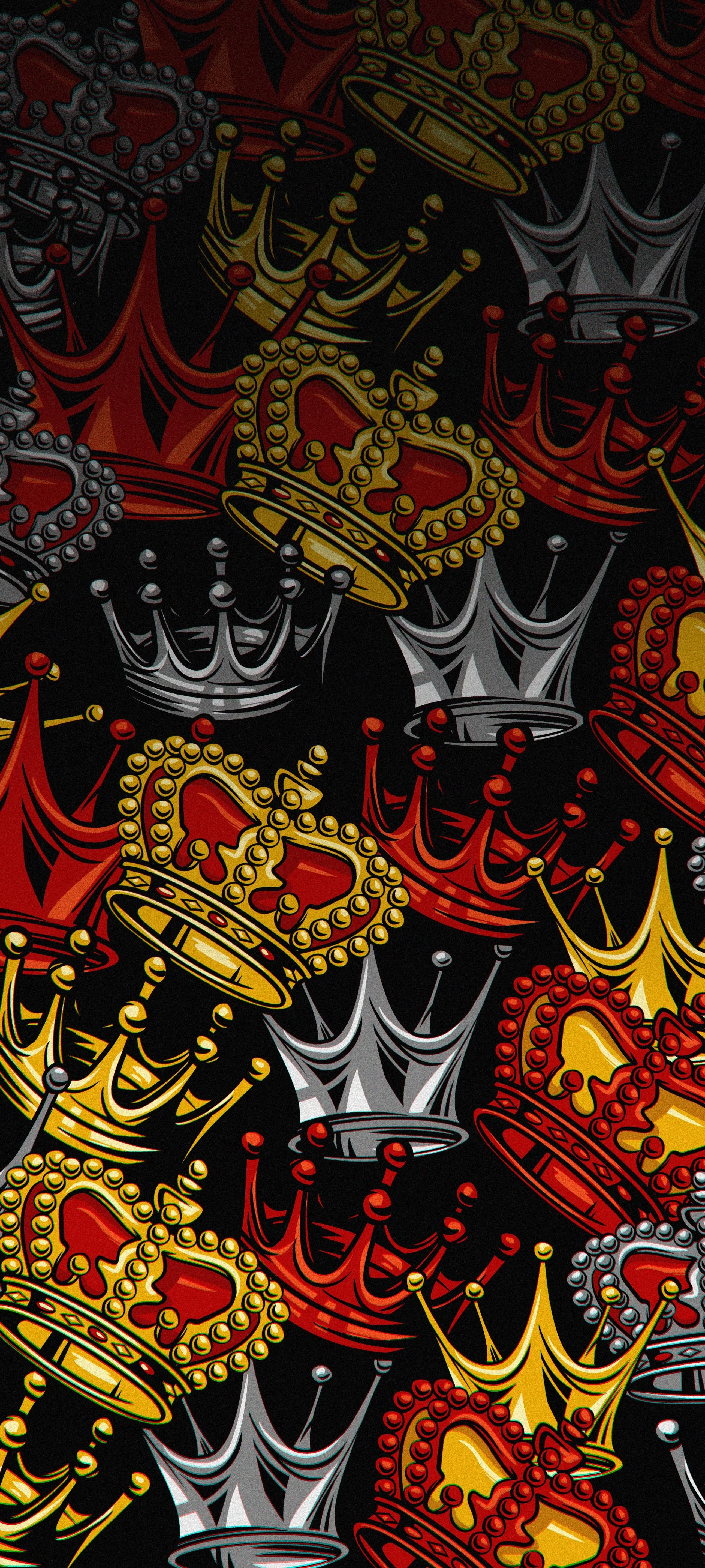 Bold Red and Yellow Crown Pattern on Black Background