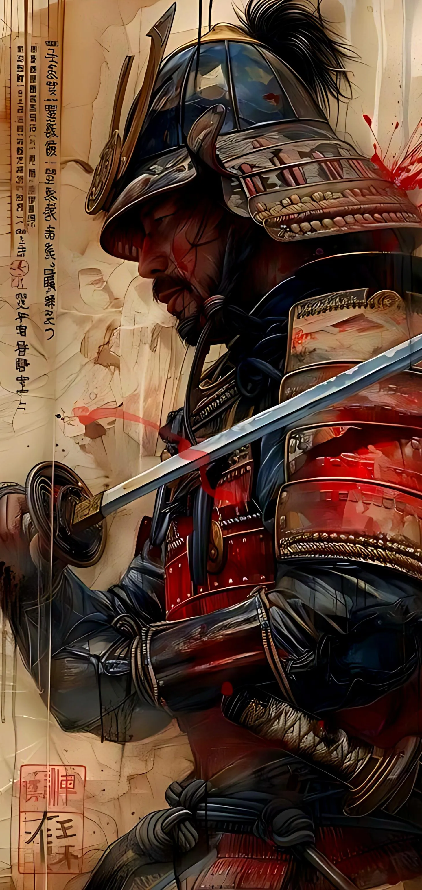 Bold Warrior Portrait in Fiery Red and Beige Tones Wallpaper