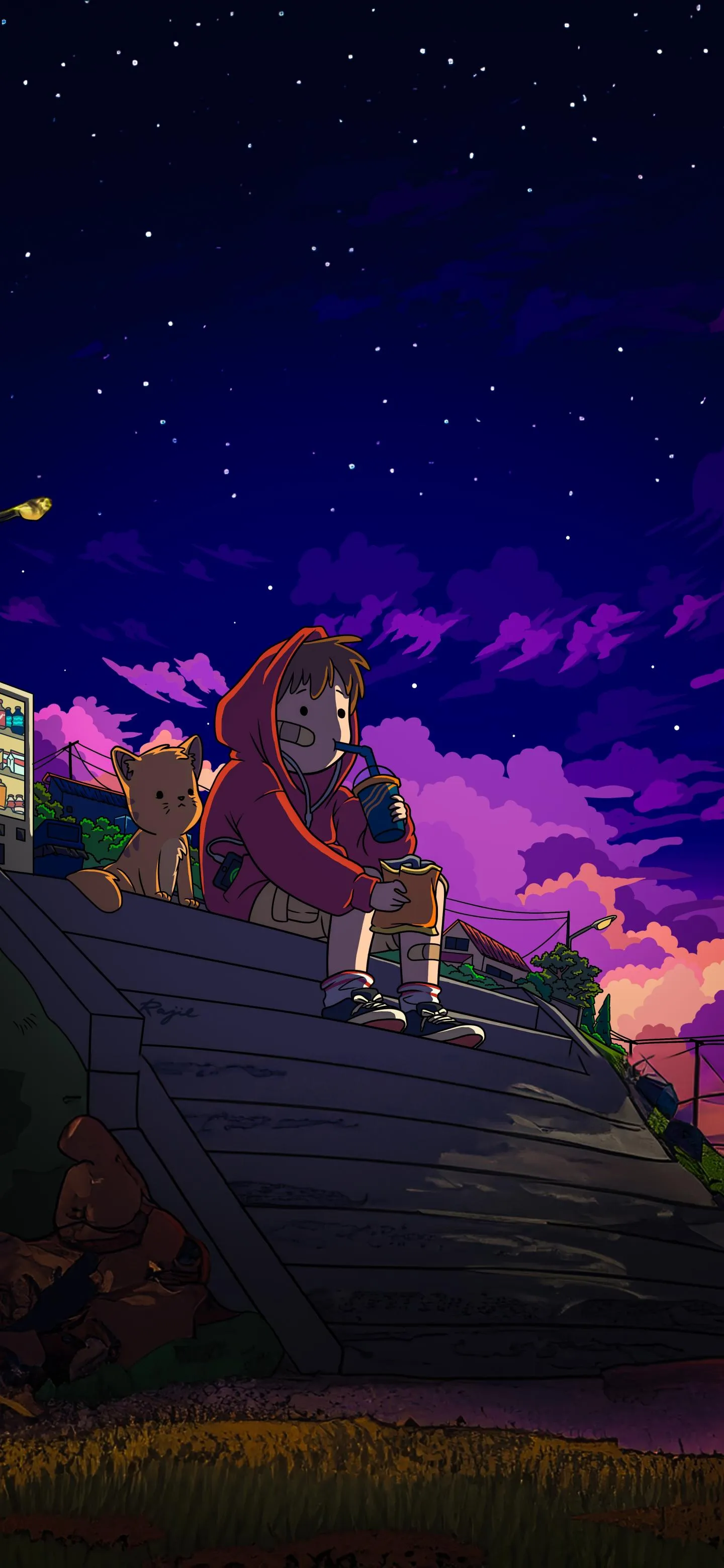 Boy Enjoying Snack Under Starry Sky With Loyal Pet Cat