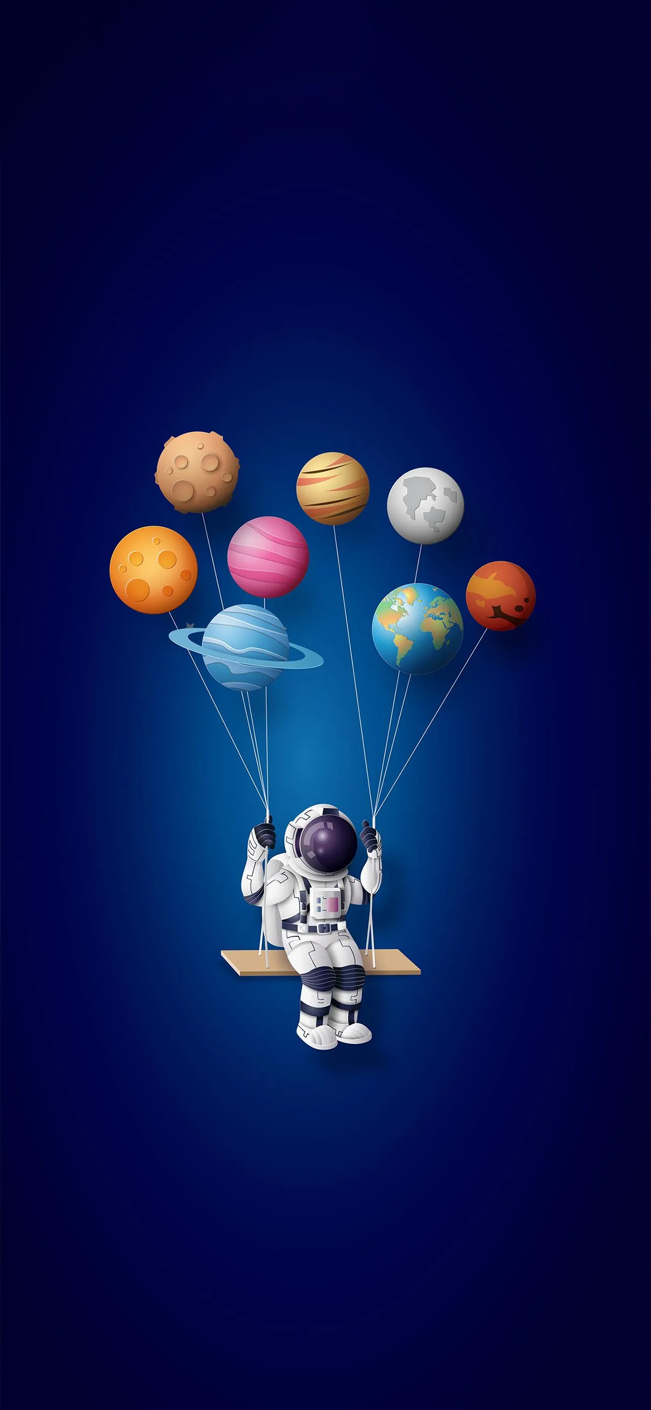 Boy Floating with Balloons in Dark Blue Night Sky Wallpaper