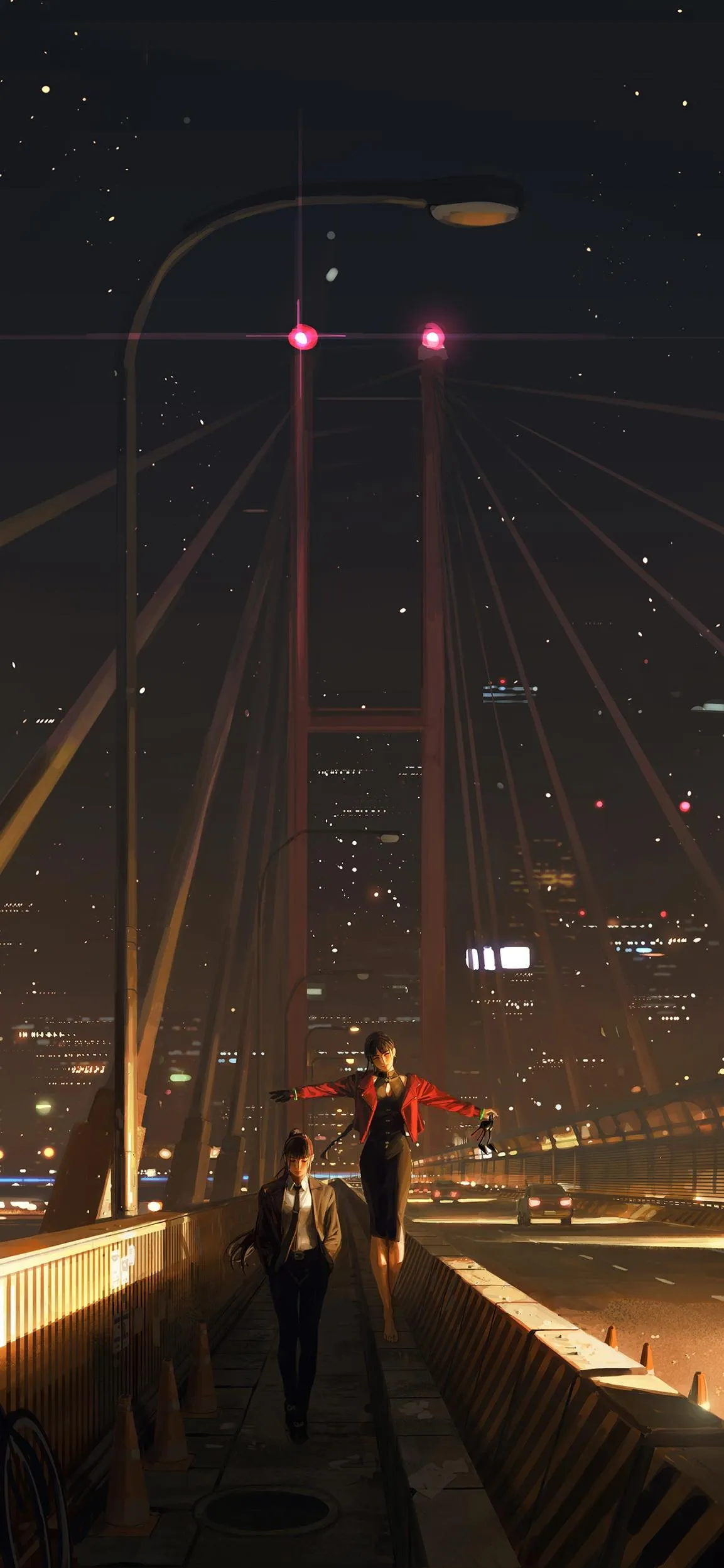 Bridge At Night With Red Light Reflections In Cityscape