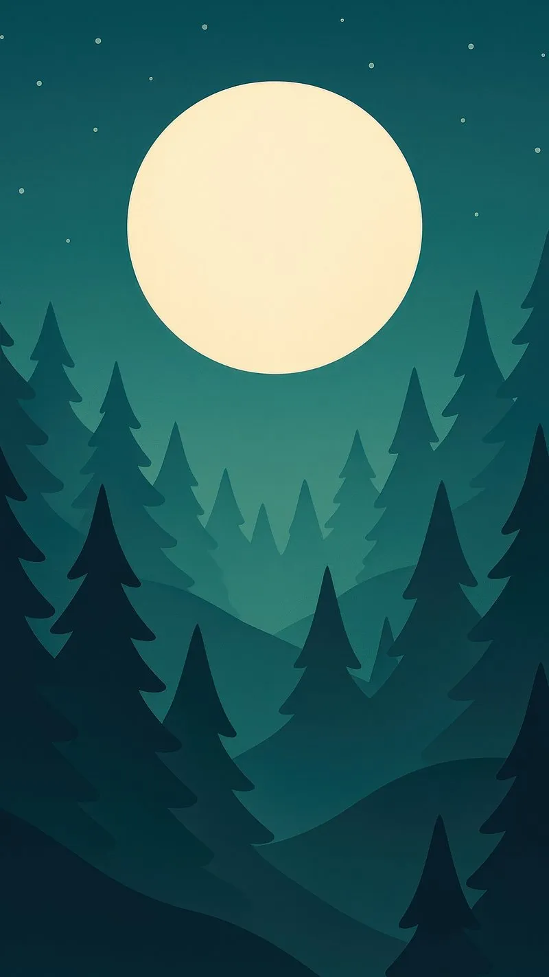 Bright Full Moon Over Calm Forest With Tall Pines Image