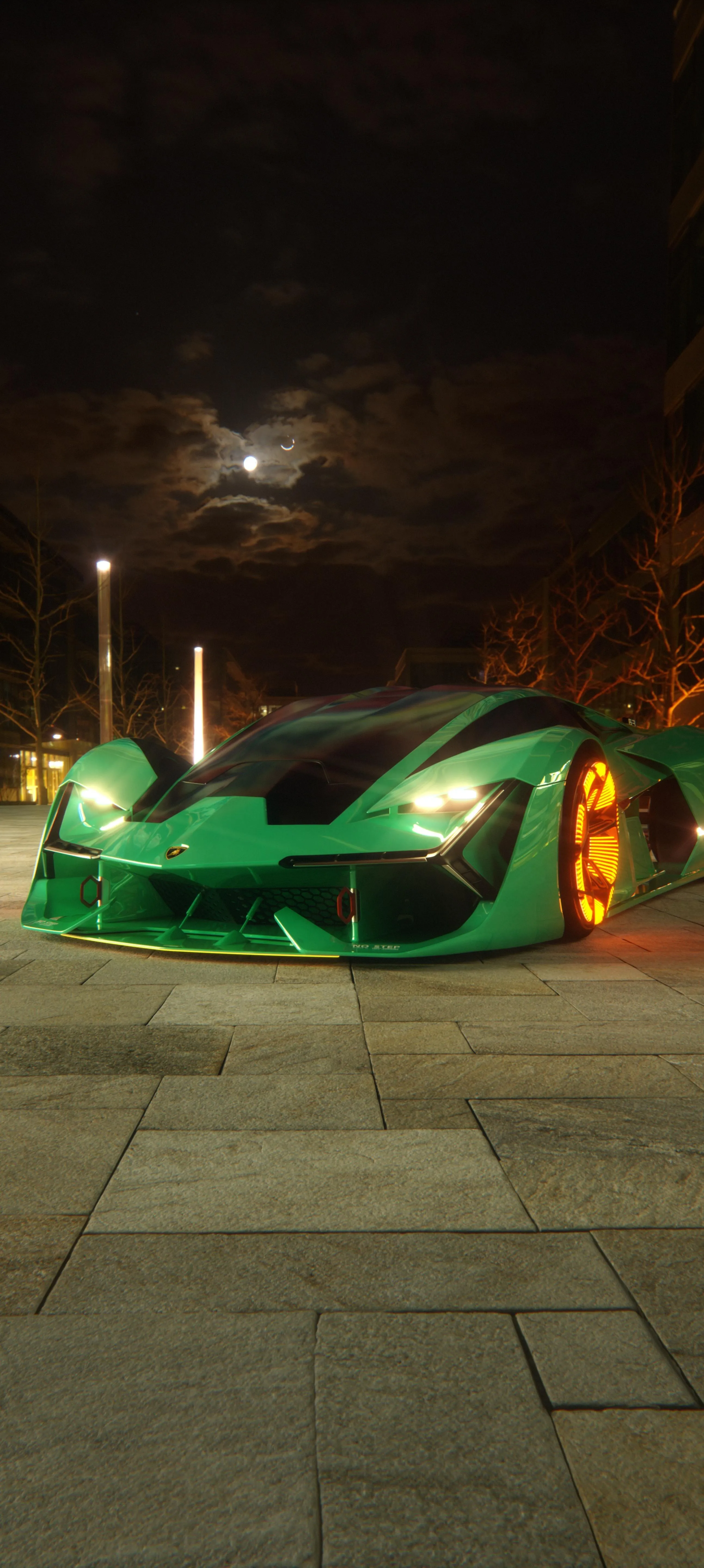 Bright Green Sports Car Parked on Modern Urban Street