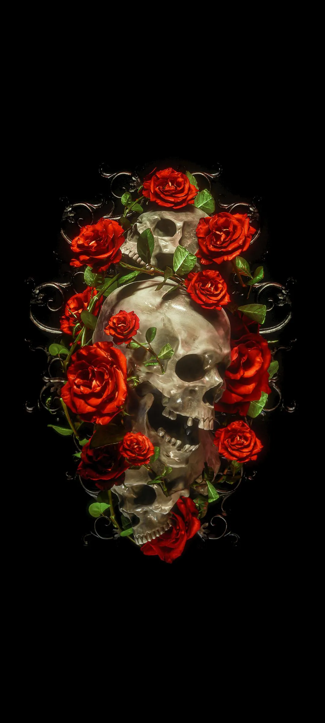 Bright Red Floral Pattern Skull on Deep Black Background