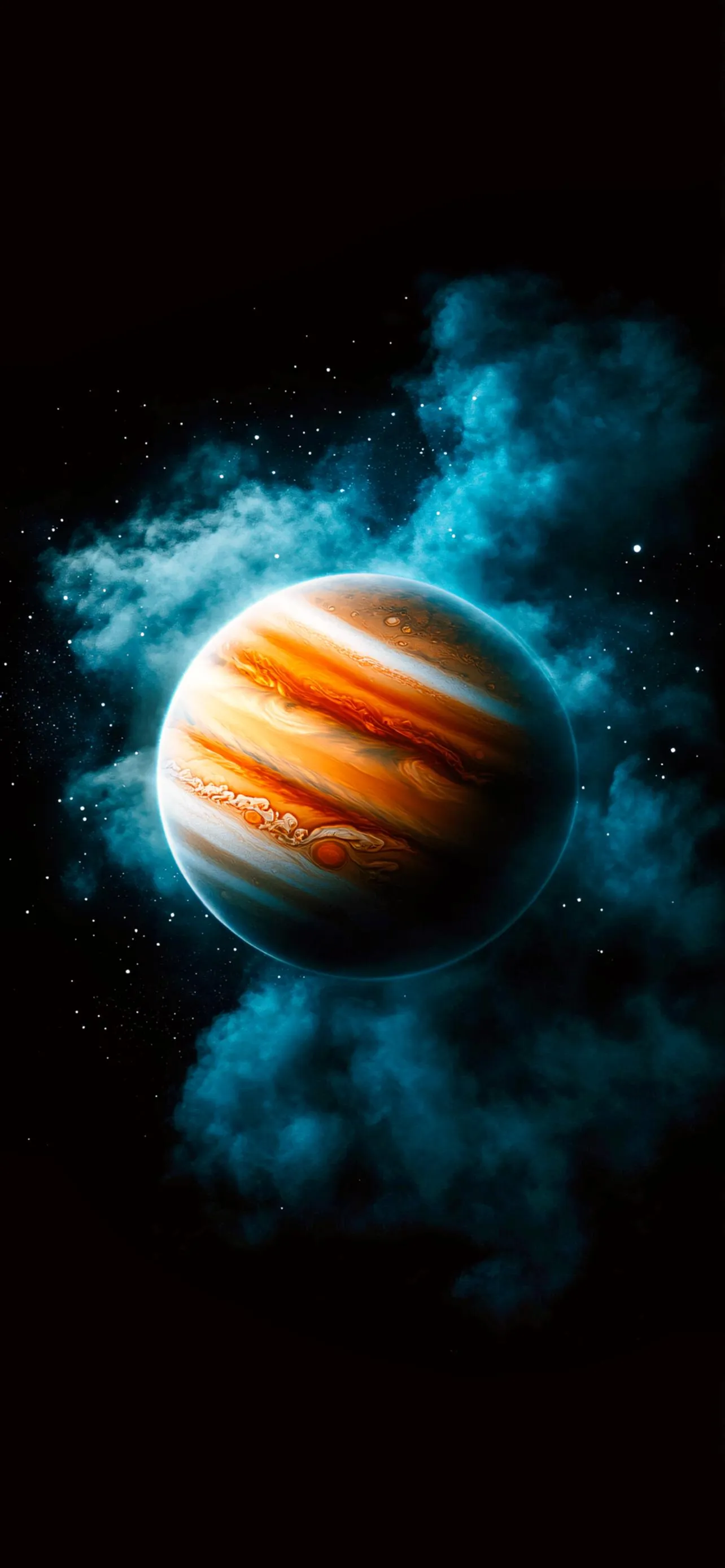 Bright Red Planet Surrounded by Dark Cloudy Space Image