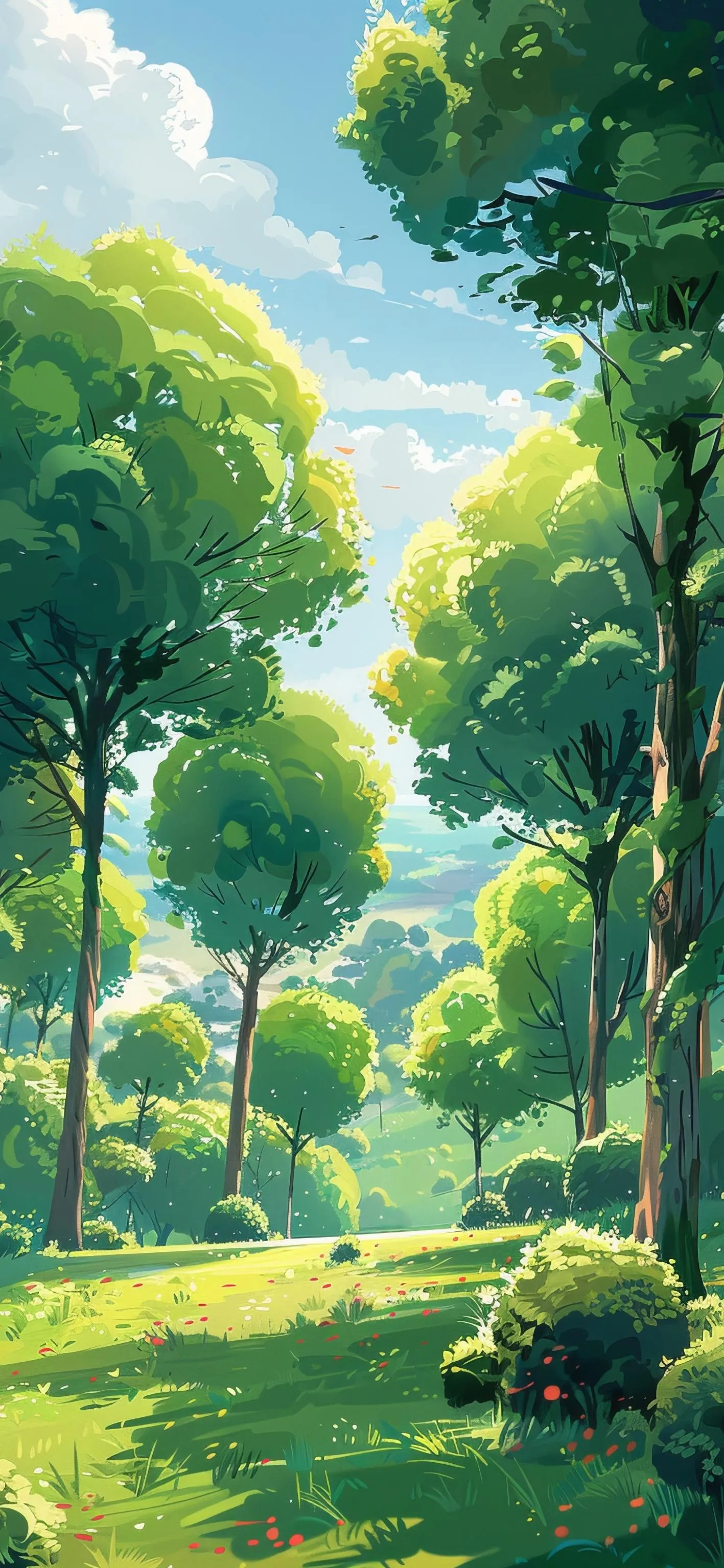 Bright Sunny Forest with Lush Green Trees and Clear Sky