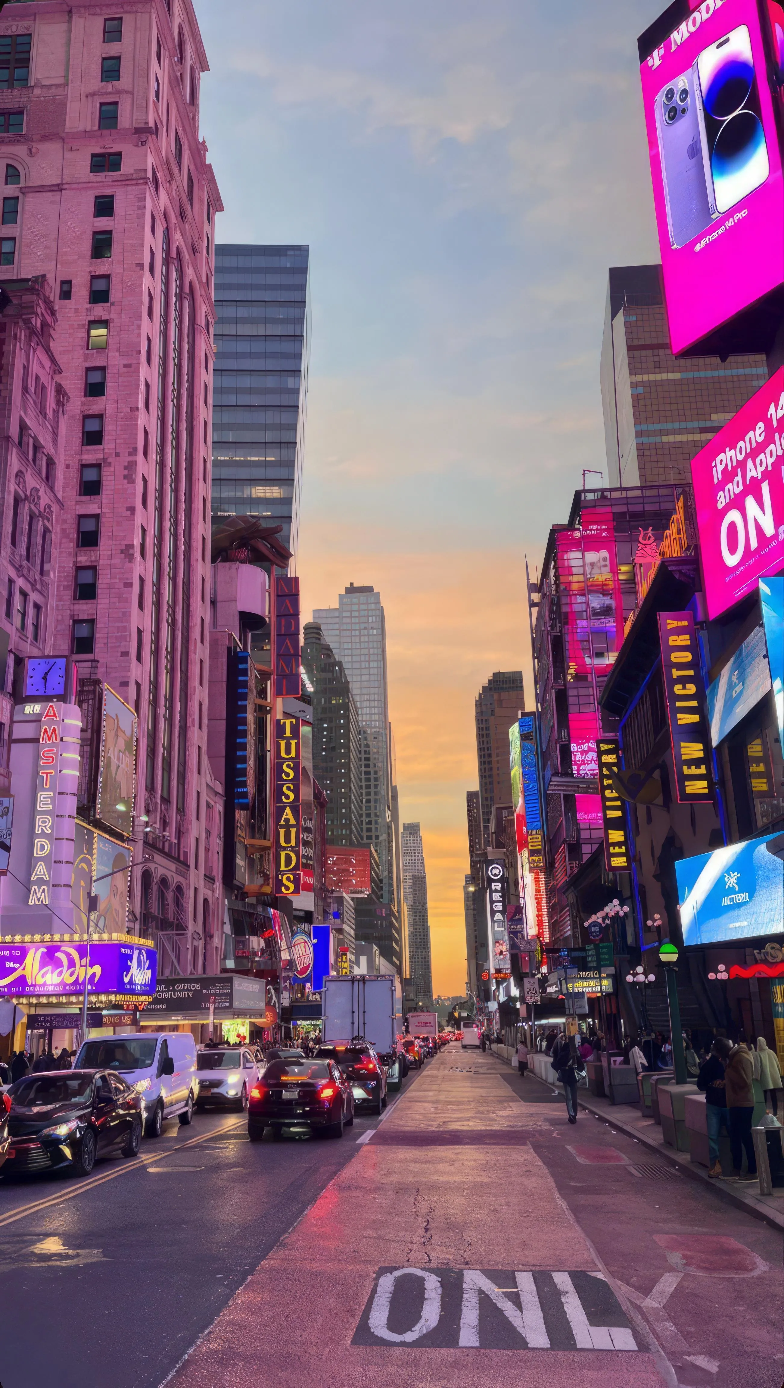 Bright Times Square View with Neon Signs and Crowd