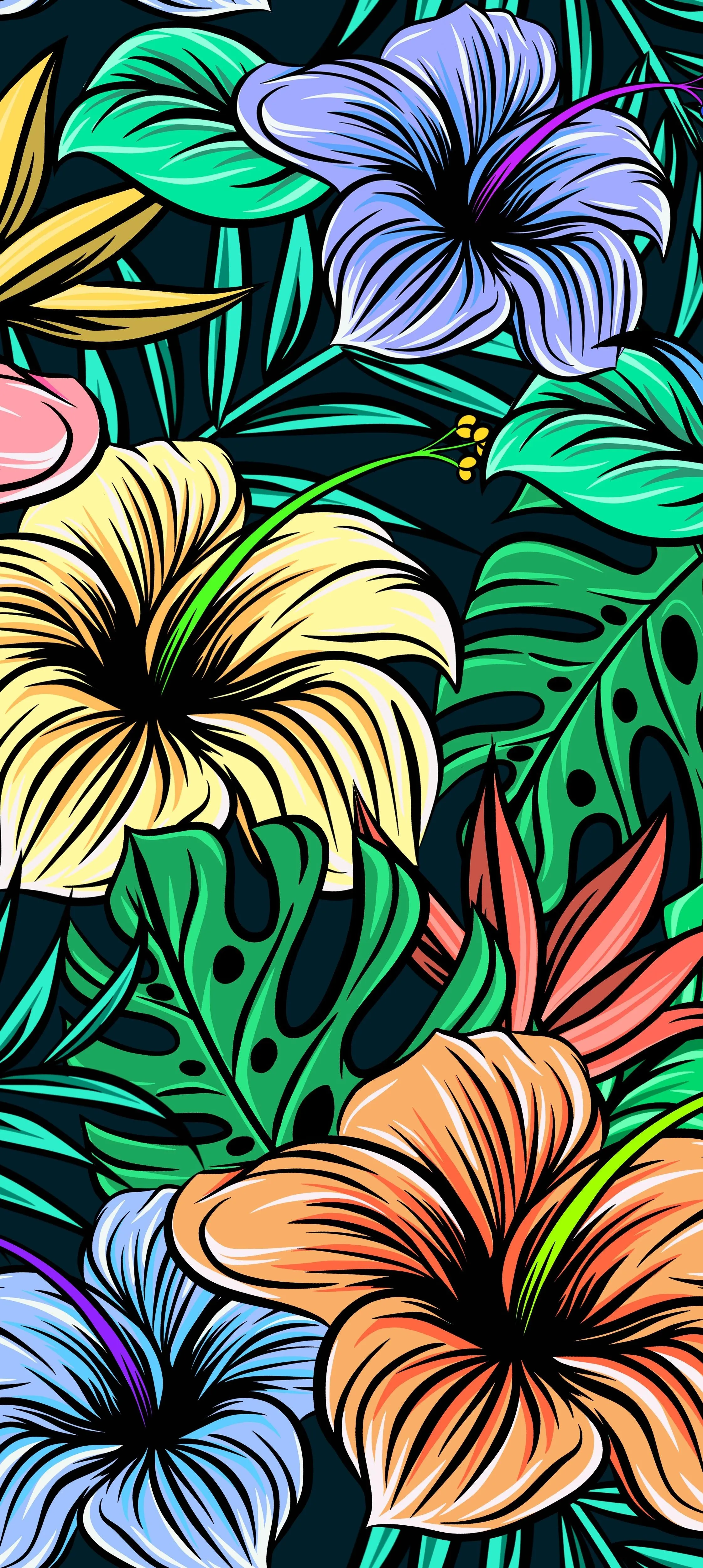 Bright Tropical Flowers with Rich Colorful Details Wallpaper