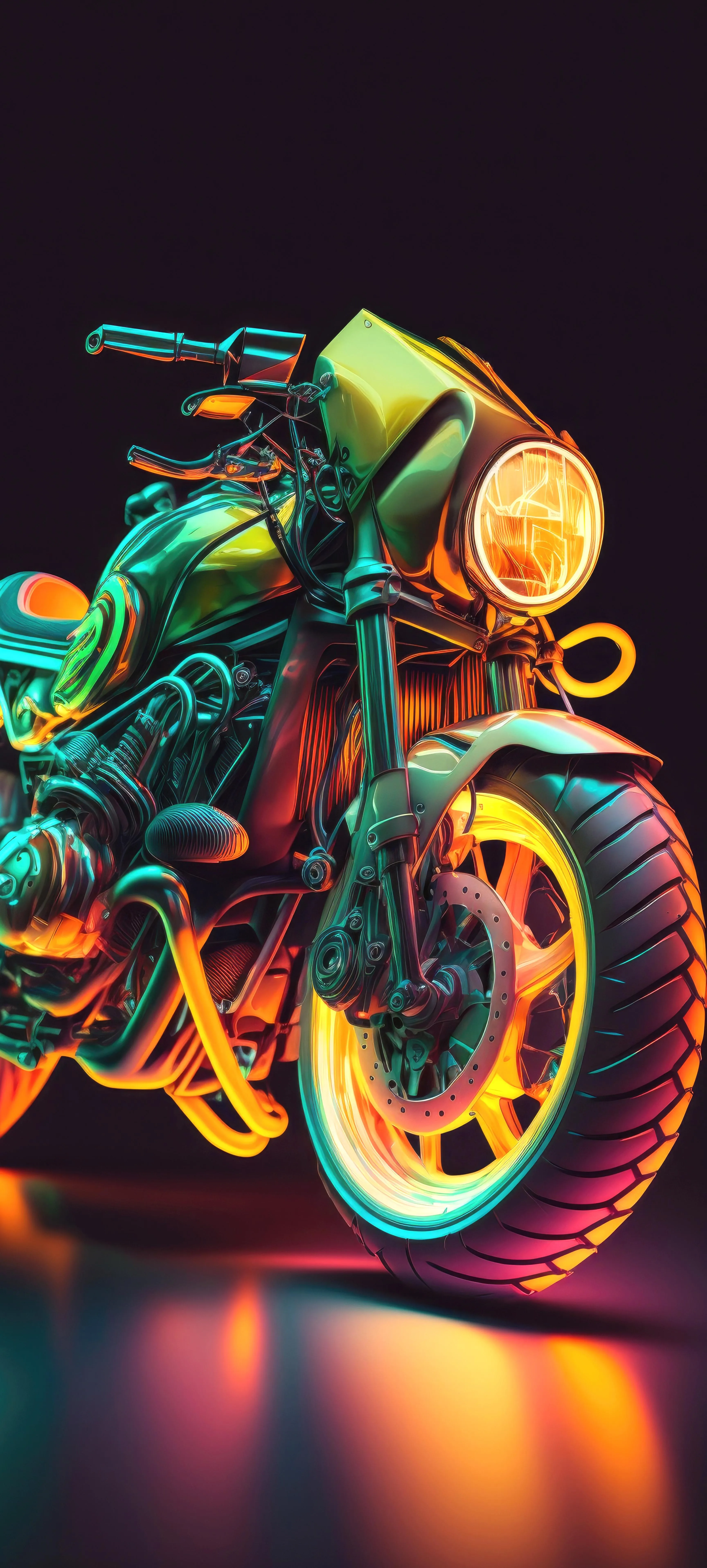 Brightly Colored Motorcycle with Neon Lights at Night