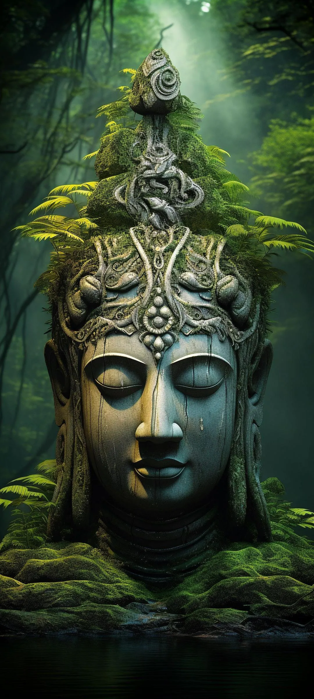 Buddha Statue in Lush Green Forest with Serene Atmosphere