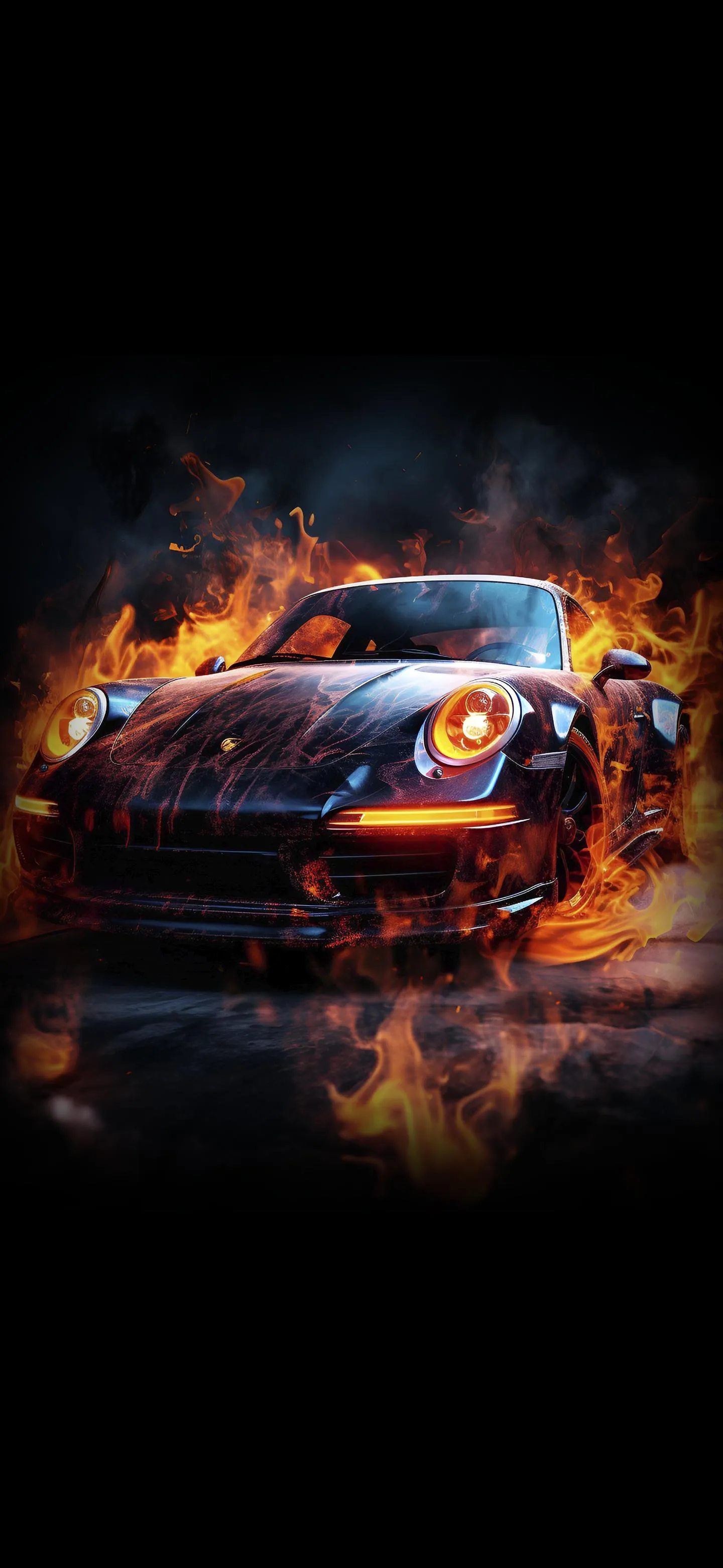 Burning Sports Car Driving Fast Through City Fire Wallpaper
