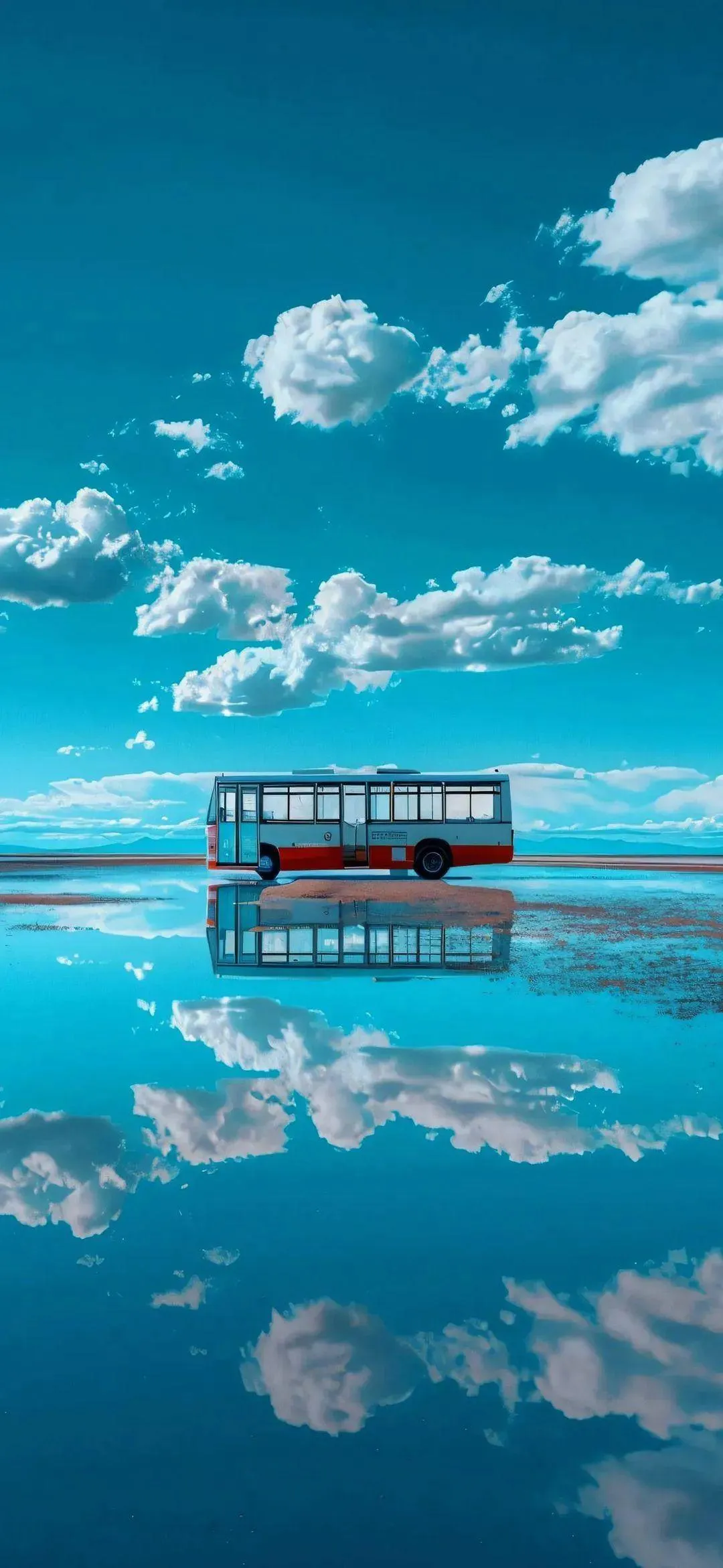 Bus at Blue Ocean and Sky Reflection Mobile Background