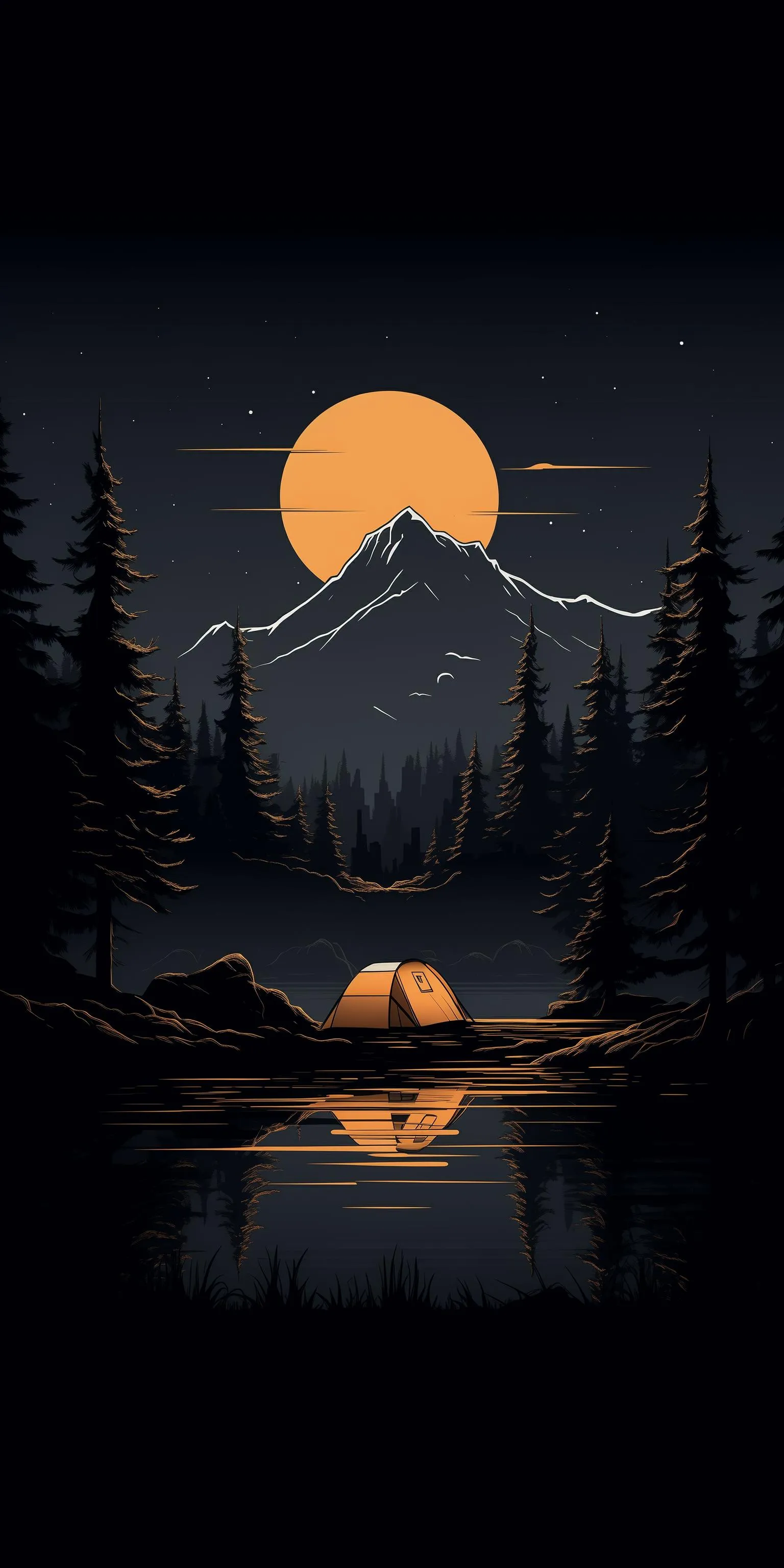 Campfire by the Lake Under Moonlight Surrounded by Trees