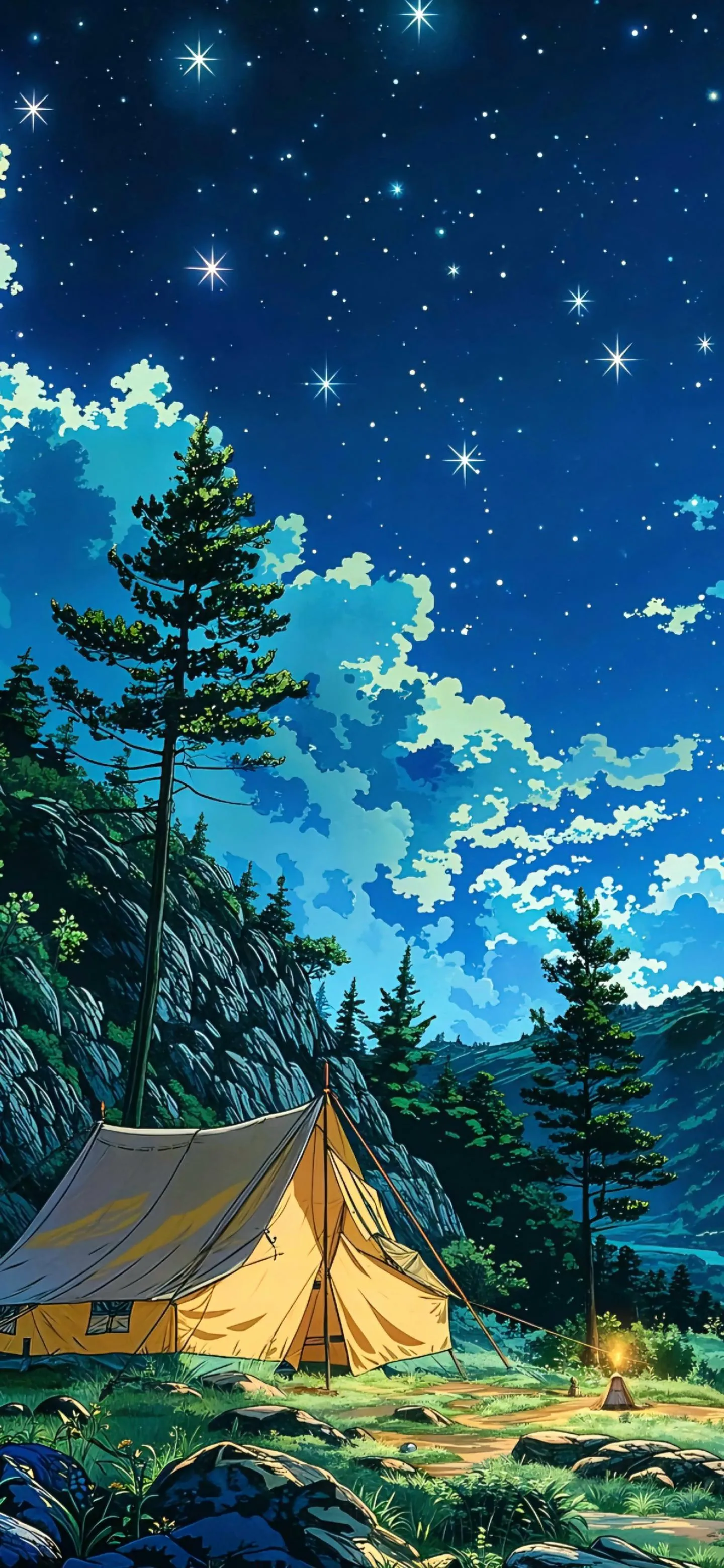 Camping Tent Set Up Under Blue Sky with Pine Trees Wallpaper