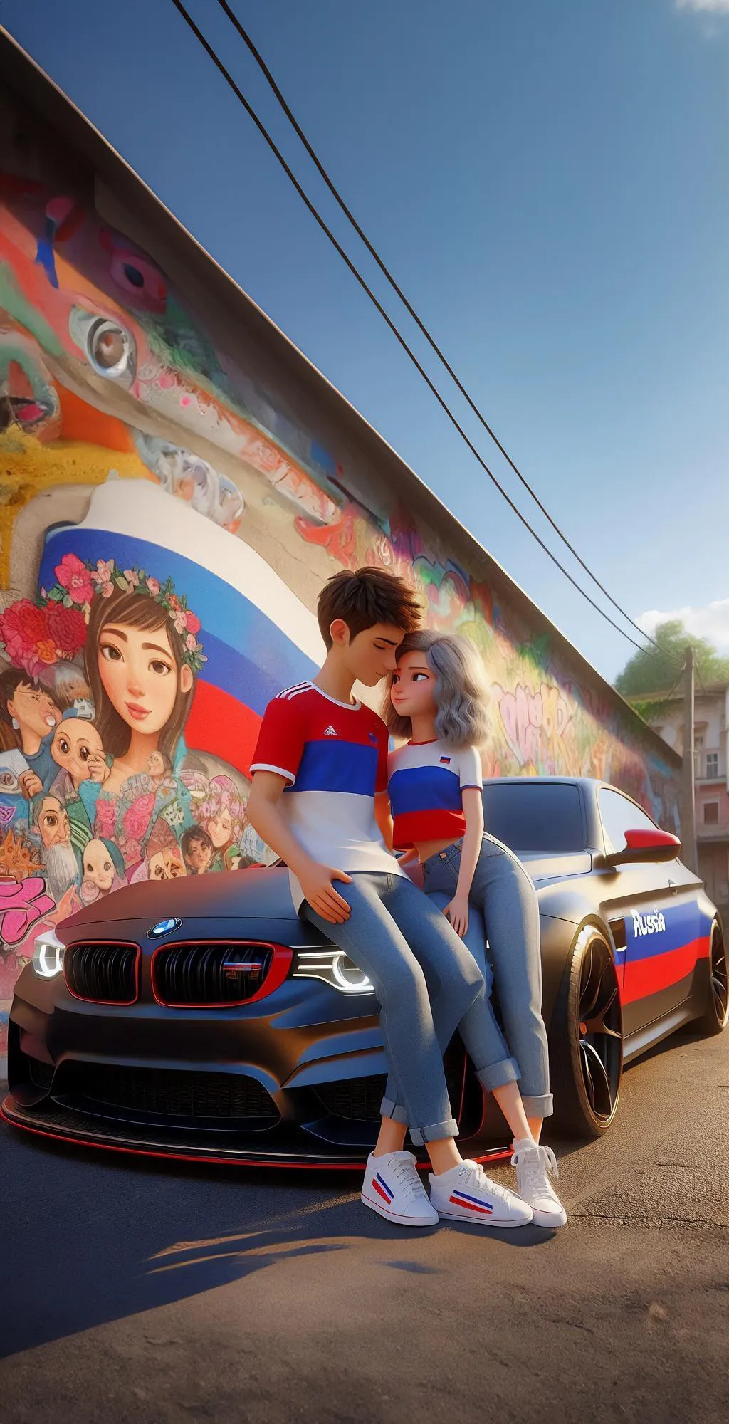 Car and Graffiti Wall in Vibrant Urban Street Scene