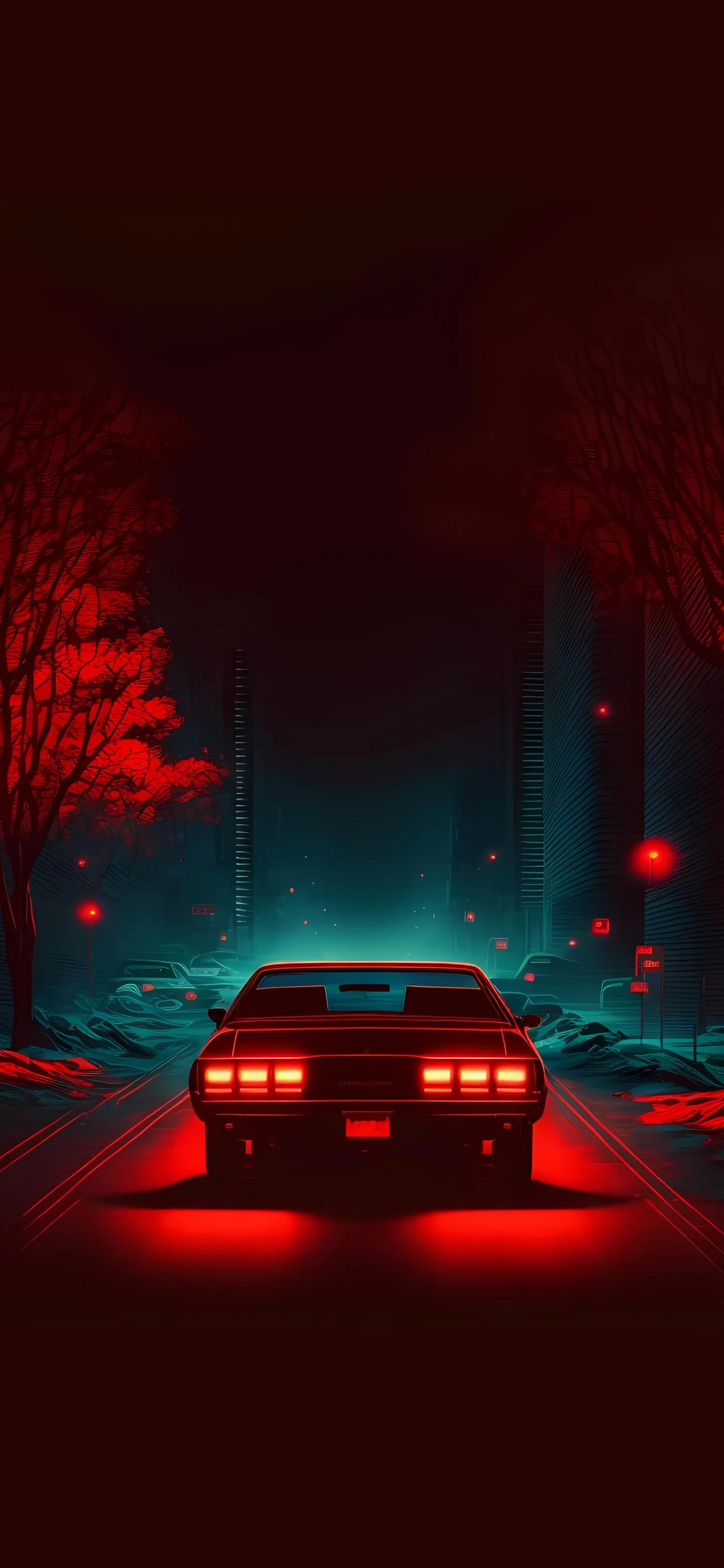 Car Driving Through Red Neon Lit Forest Path Wallpaper