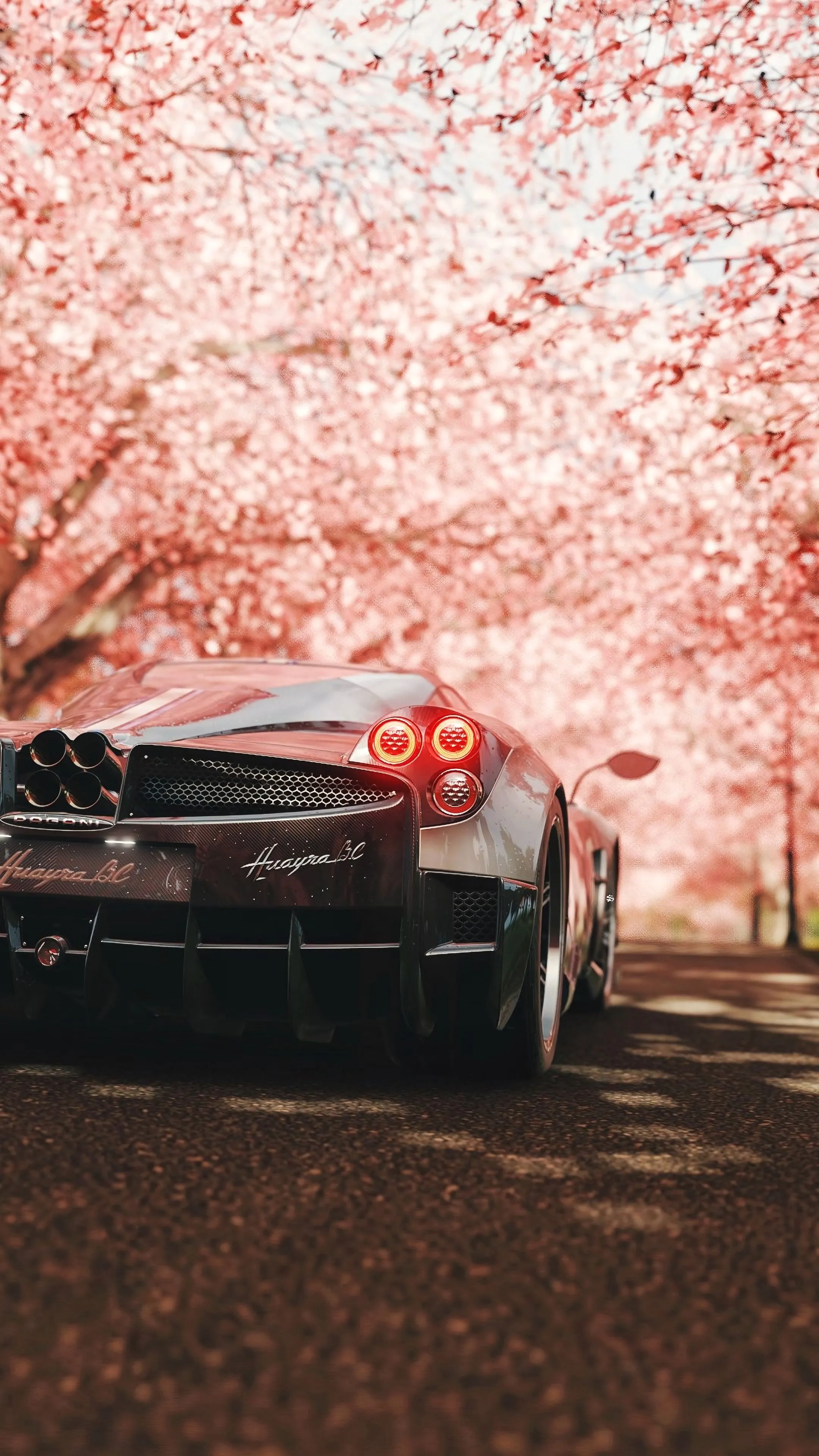 Car Parked under Pink Blossoms in Peaceful Spring Wallpaper