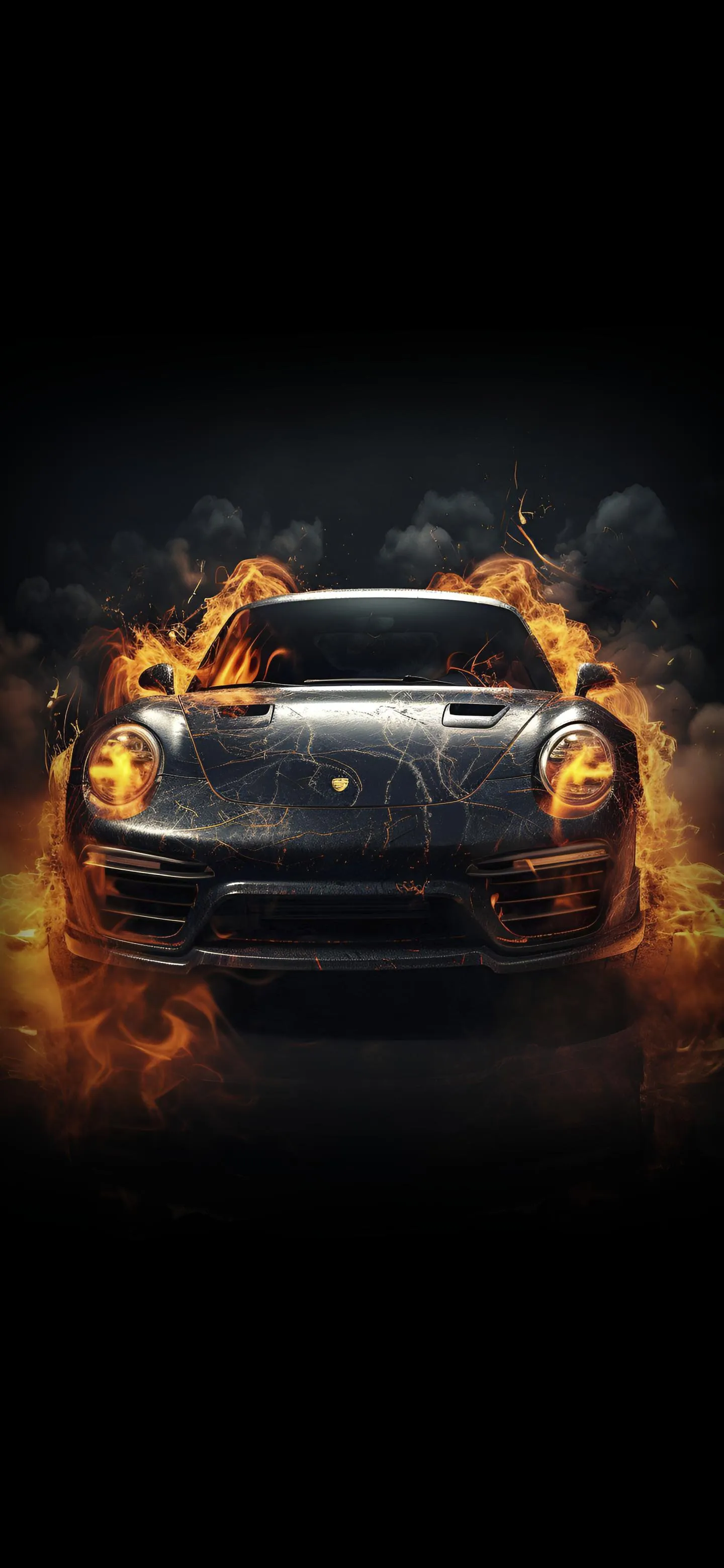 Car Surrounded by Flames on Dark Background Effect