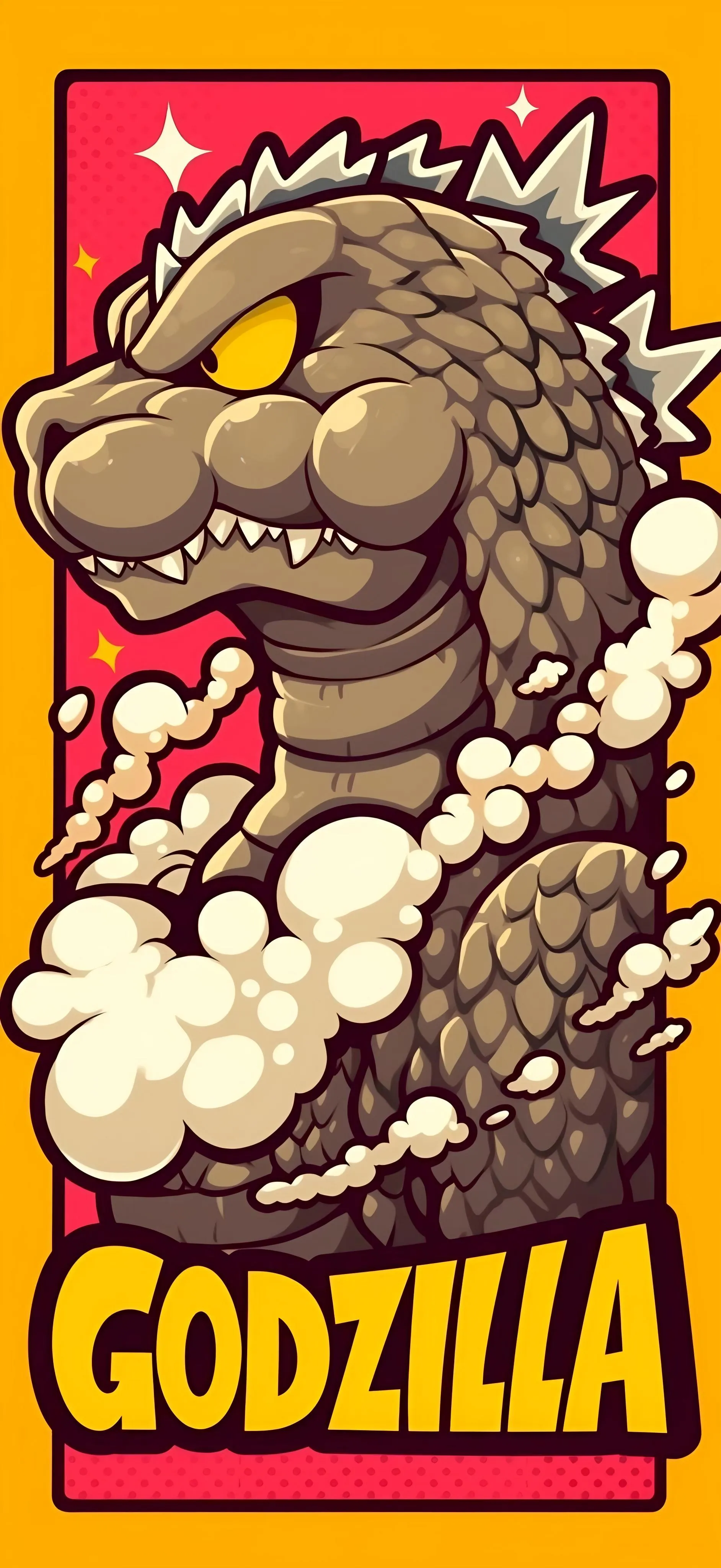 Cartoon Godzilla Character in Bold Colors on Red Background