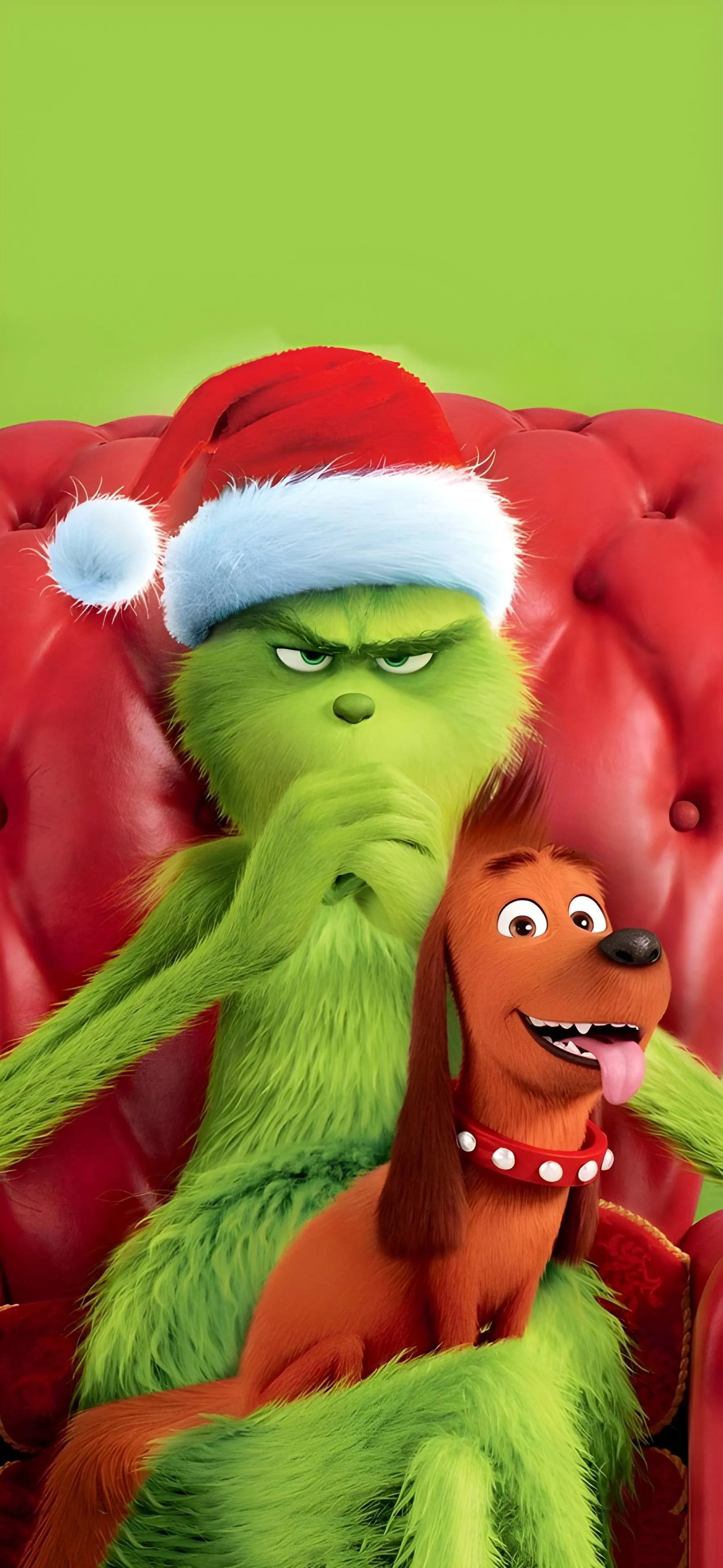 Cartoon Grinch Holding Red Dog with Red Background Wallpaper