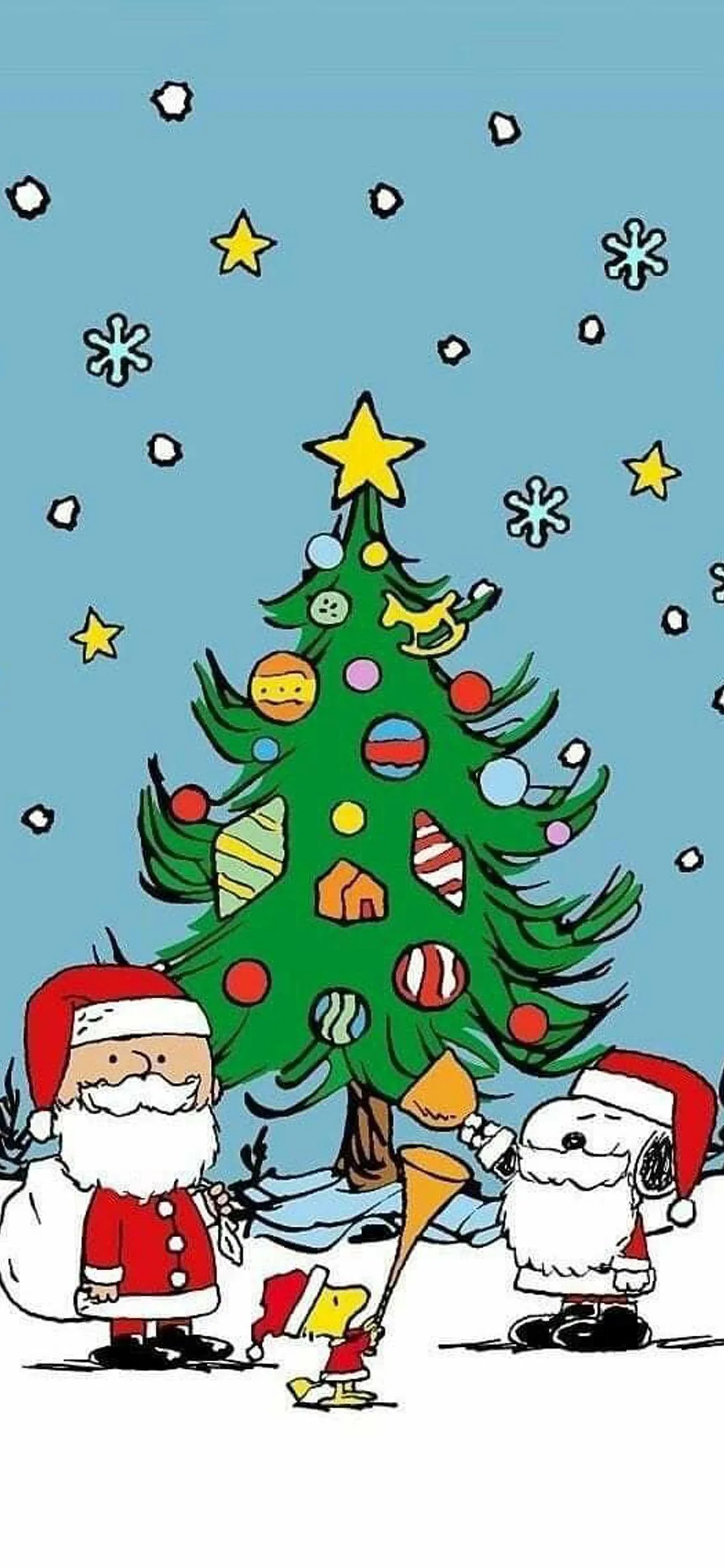 Cartoon Santa Decorating Christmas Tree with Kids Wallpaper