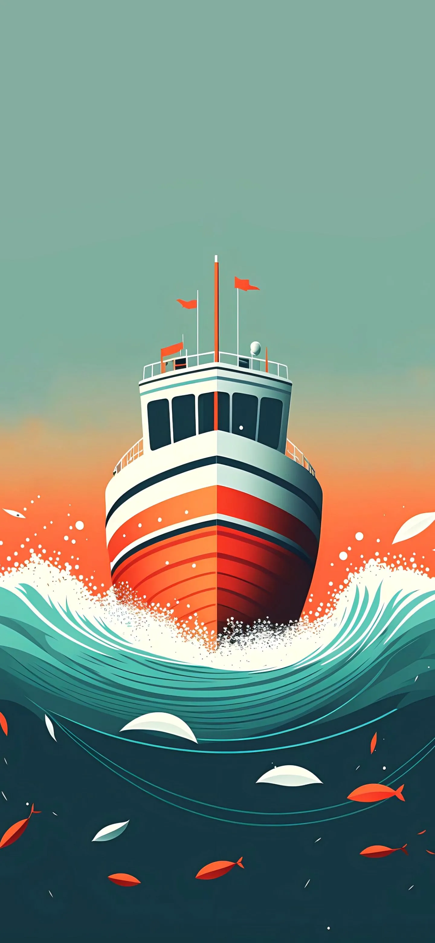 Cartoon Ship Sailing Through Stormy Waters with Sun