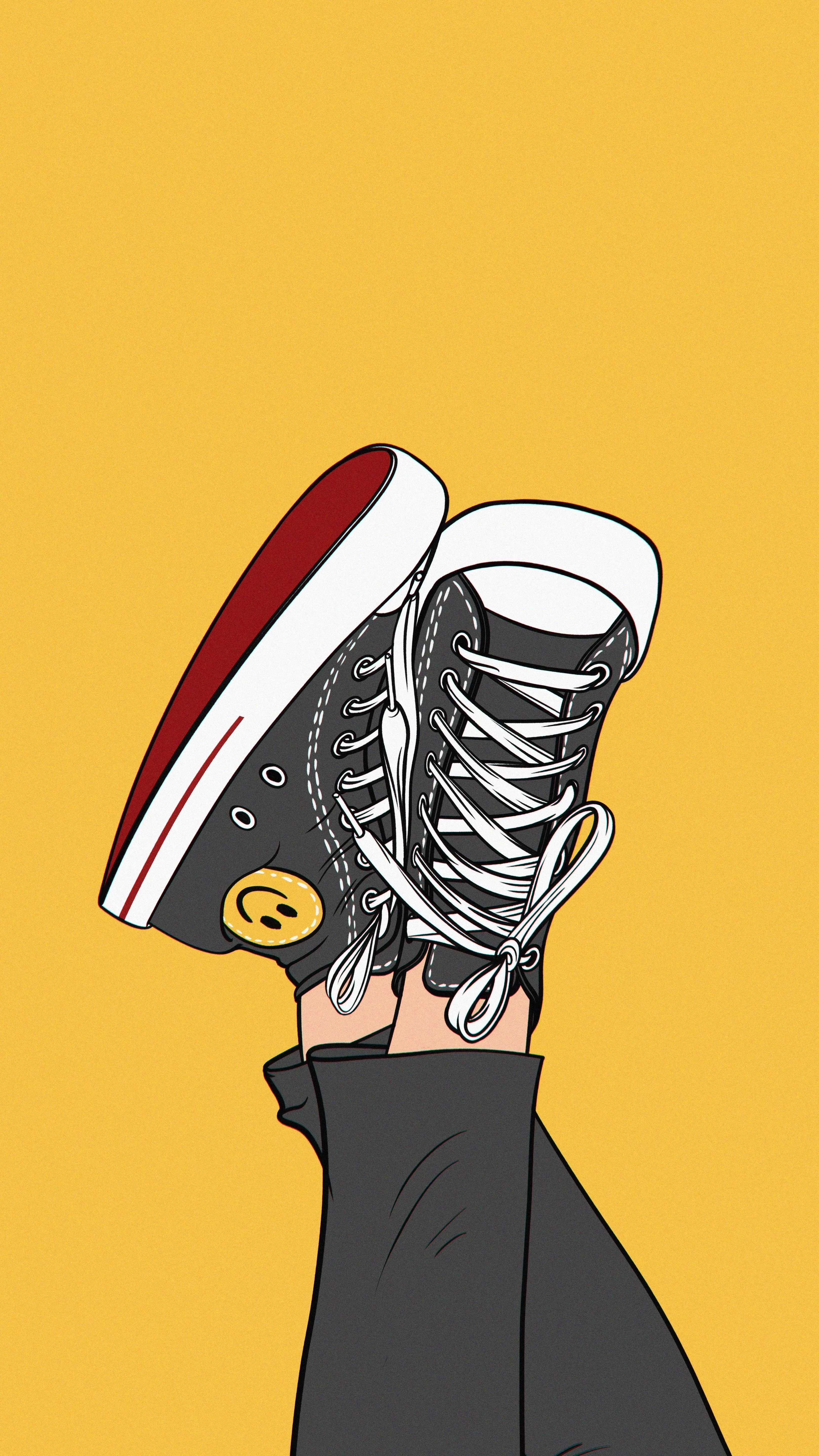 Cartoon Sneakers on Yellow Background with Smiley Face