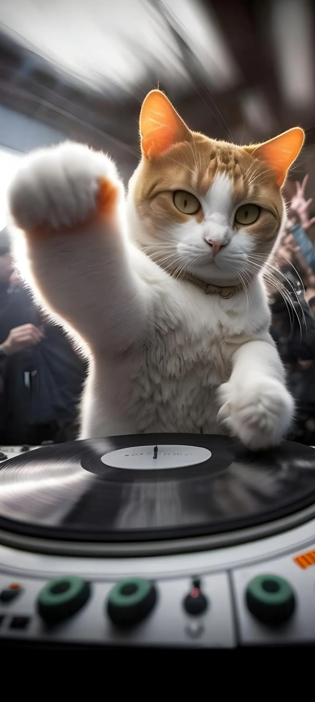 Cat DJ Mixing Music on Turntable in Studio Wallpaper