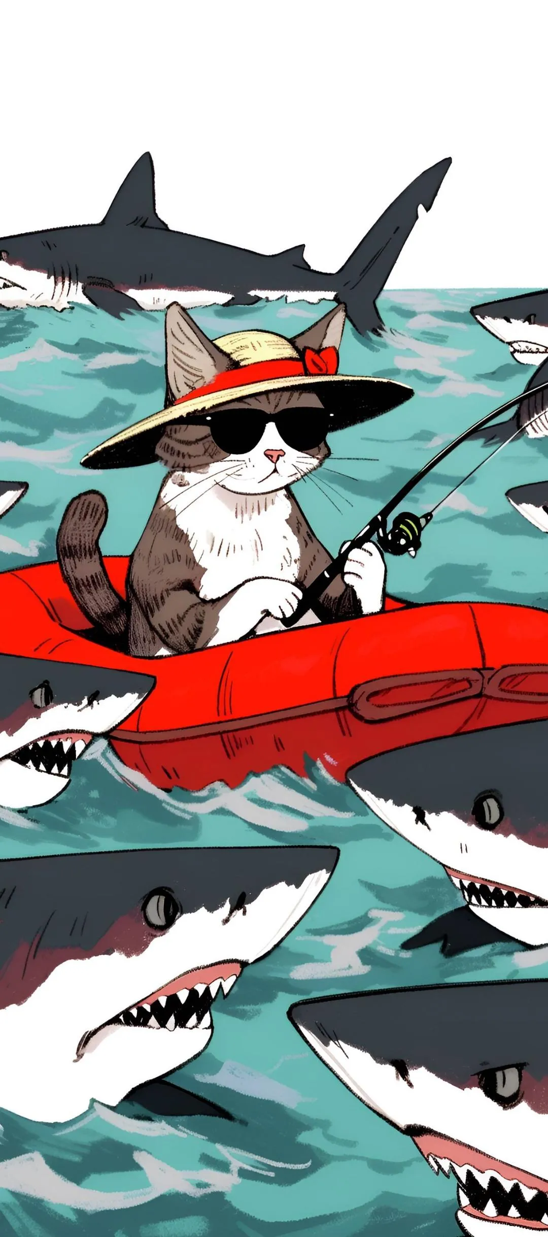 Cat Wearing Sunglasses on Pool Float Surrounded by Sharks