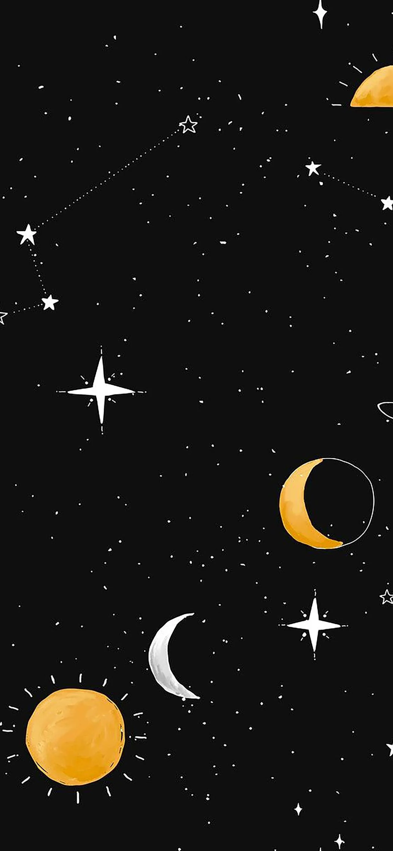 Celestial Sky with Planets and Golden Star Pattern Wallpaper