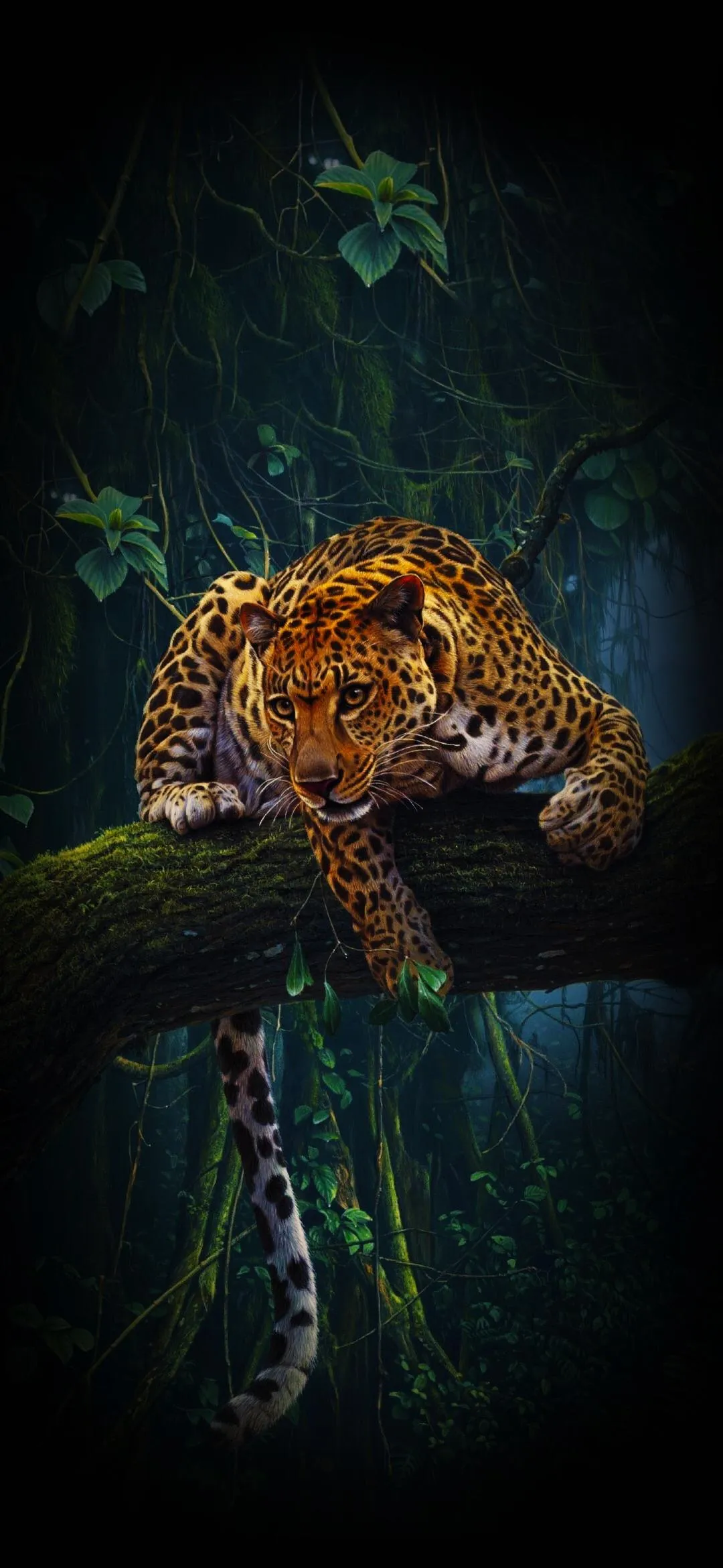 Cheetah Crouching on Tree in Dense Green Jungle Scene