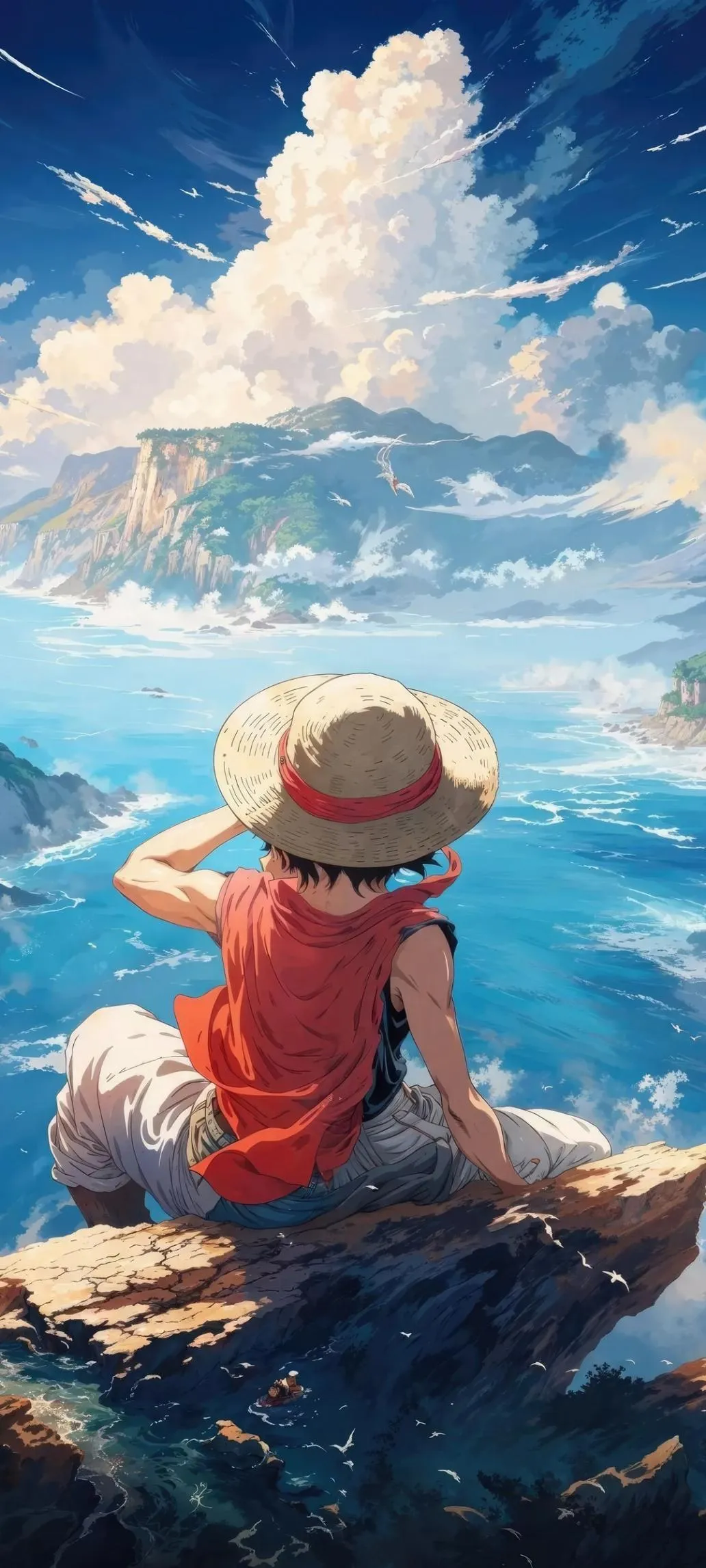 Child Wearing Straw Hat Sitting On Cliff Over Water