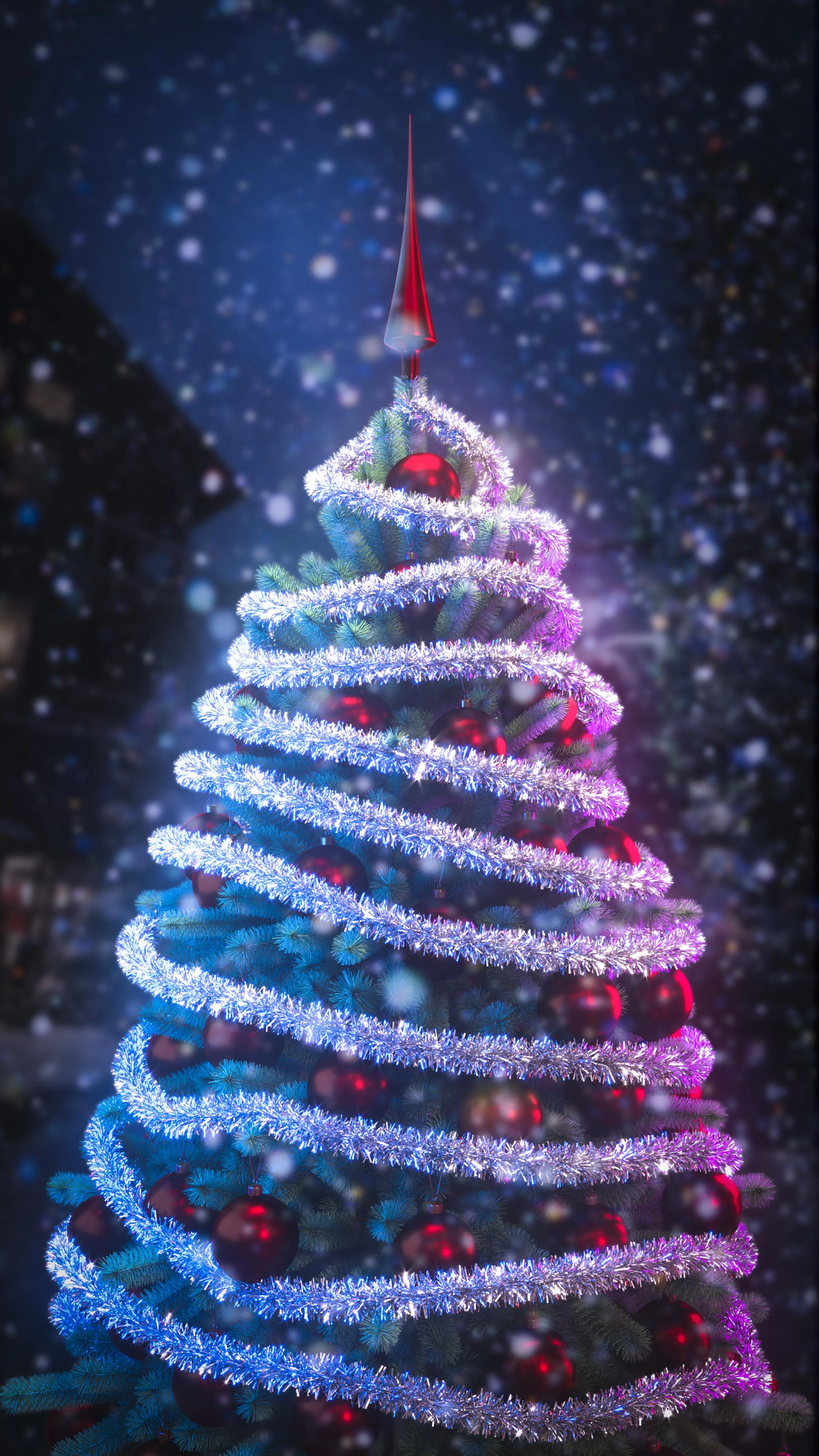 Christmas Tree Decorated with White Lights and Red Image