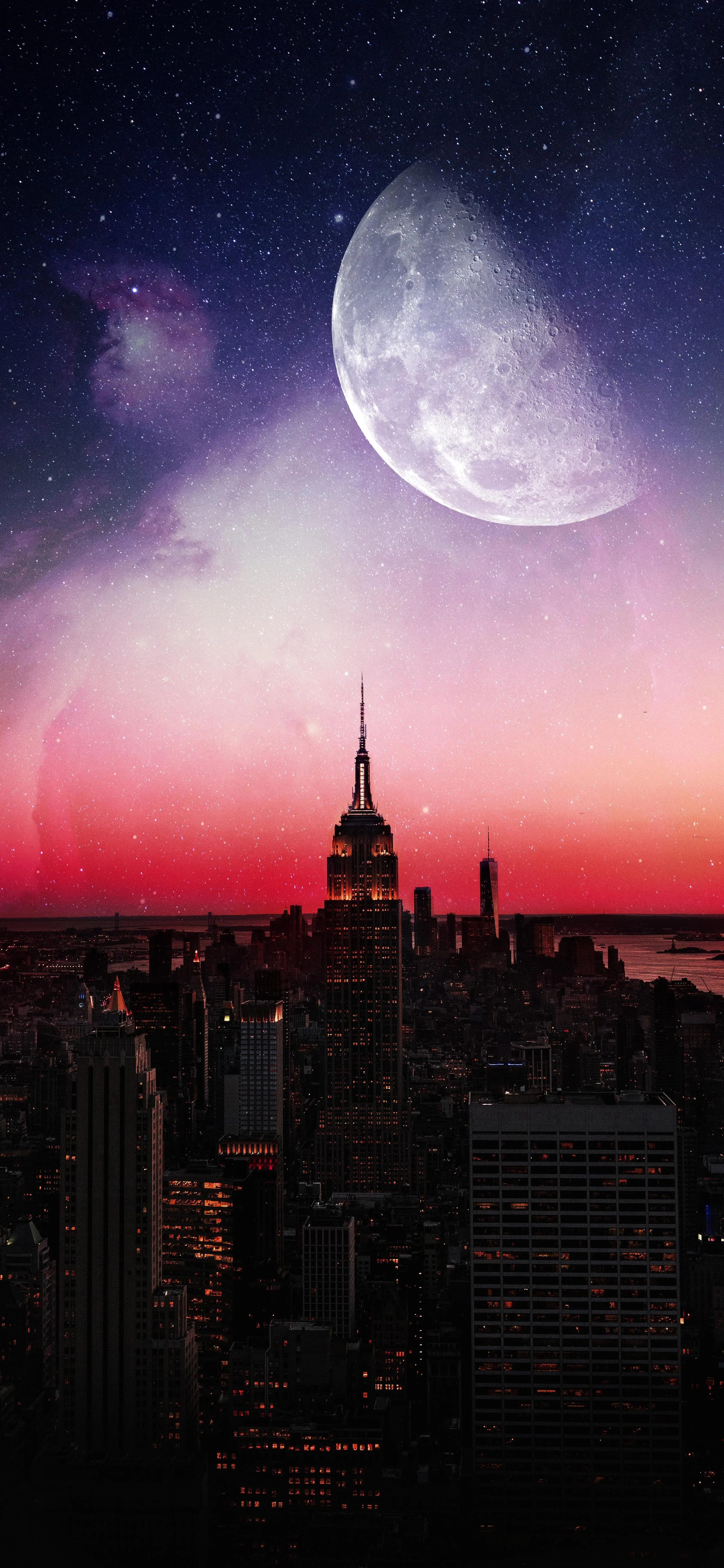 City Skyline at Night with Full Moon and Pink Sky Wallpaper