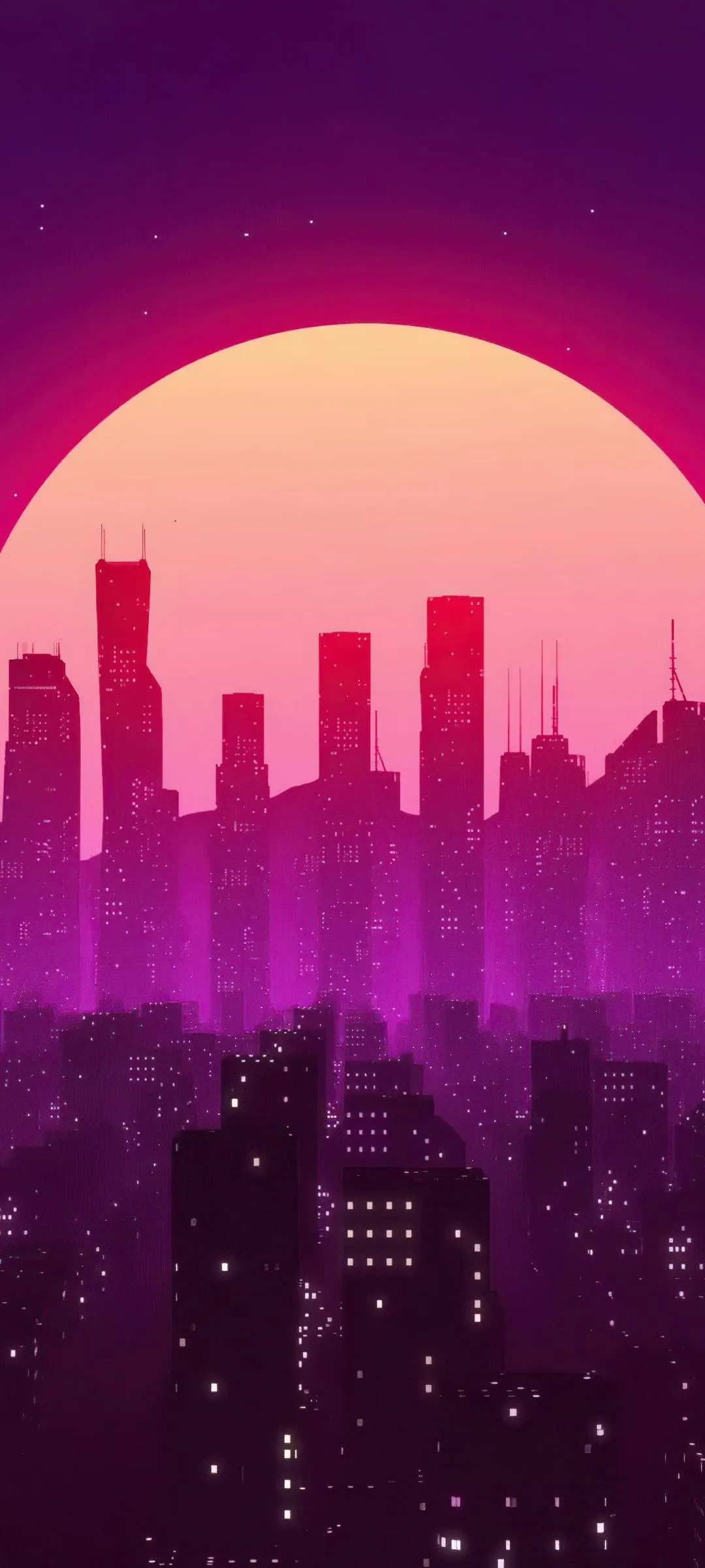 City Skyline with Pink and Purple Sunset Glow Wallpaper
