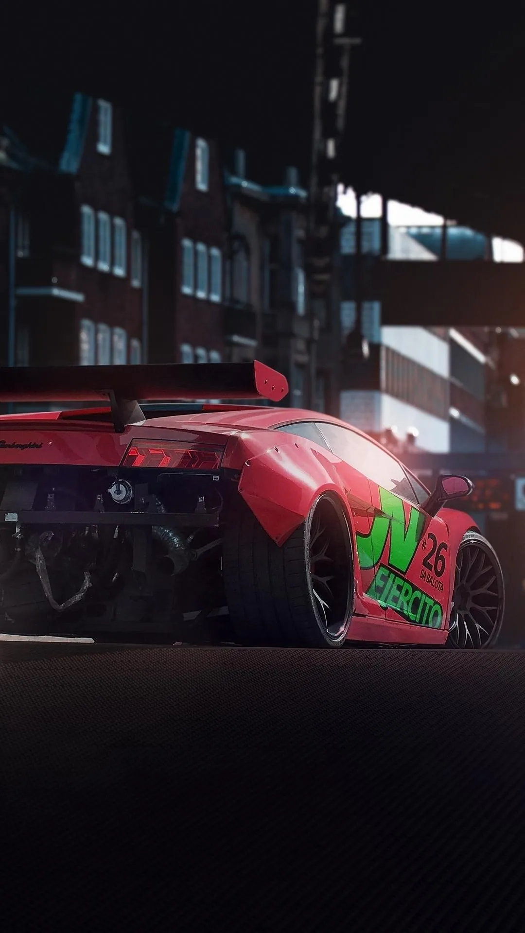 City Street at Night With Red Car and Lights Wallpaper