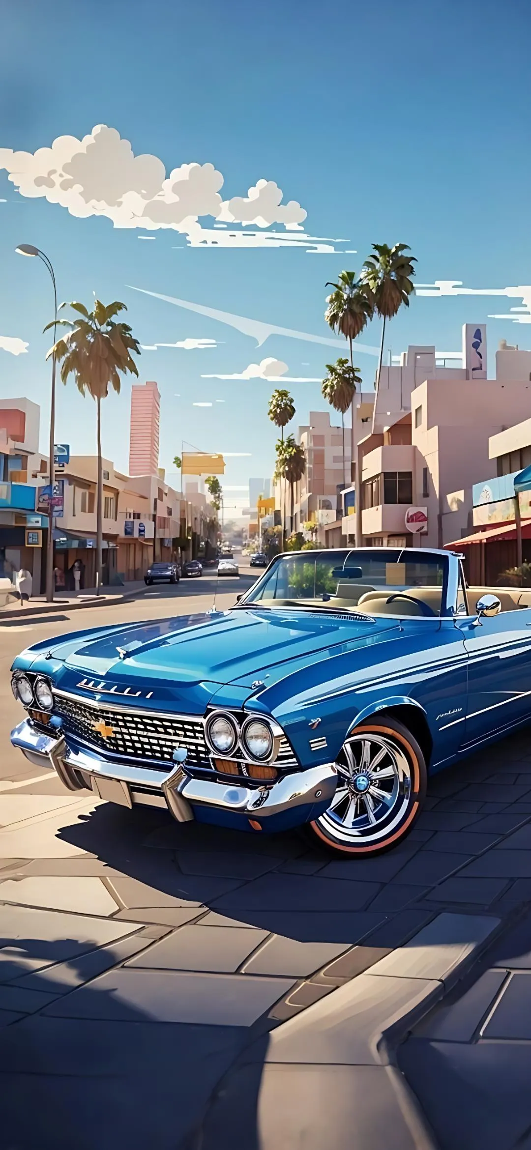 City Street with Sports Car in Morning Light Wallpaper