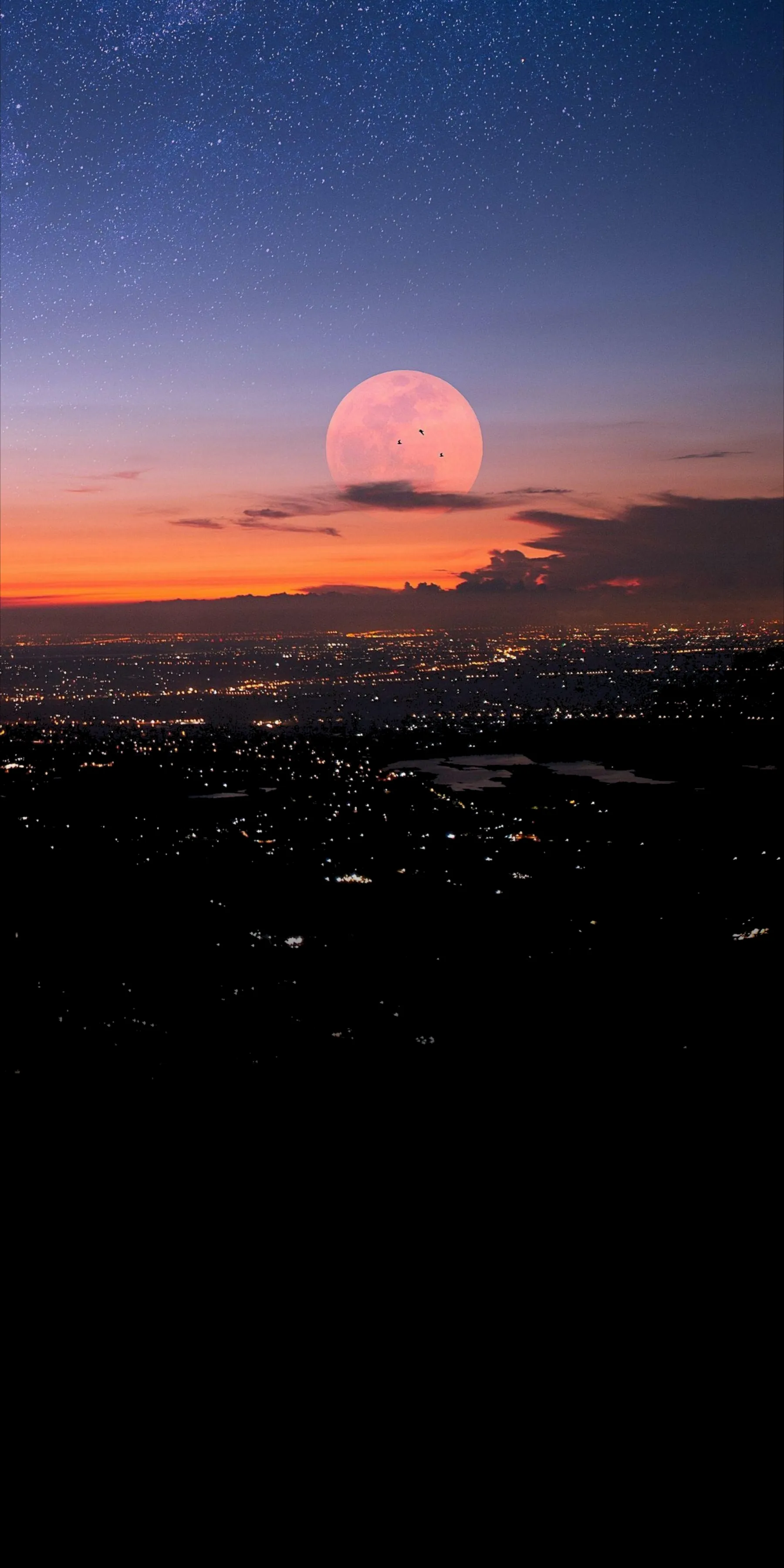 City Sunset with Red Sun Over Distant Horizon Wallpaper