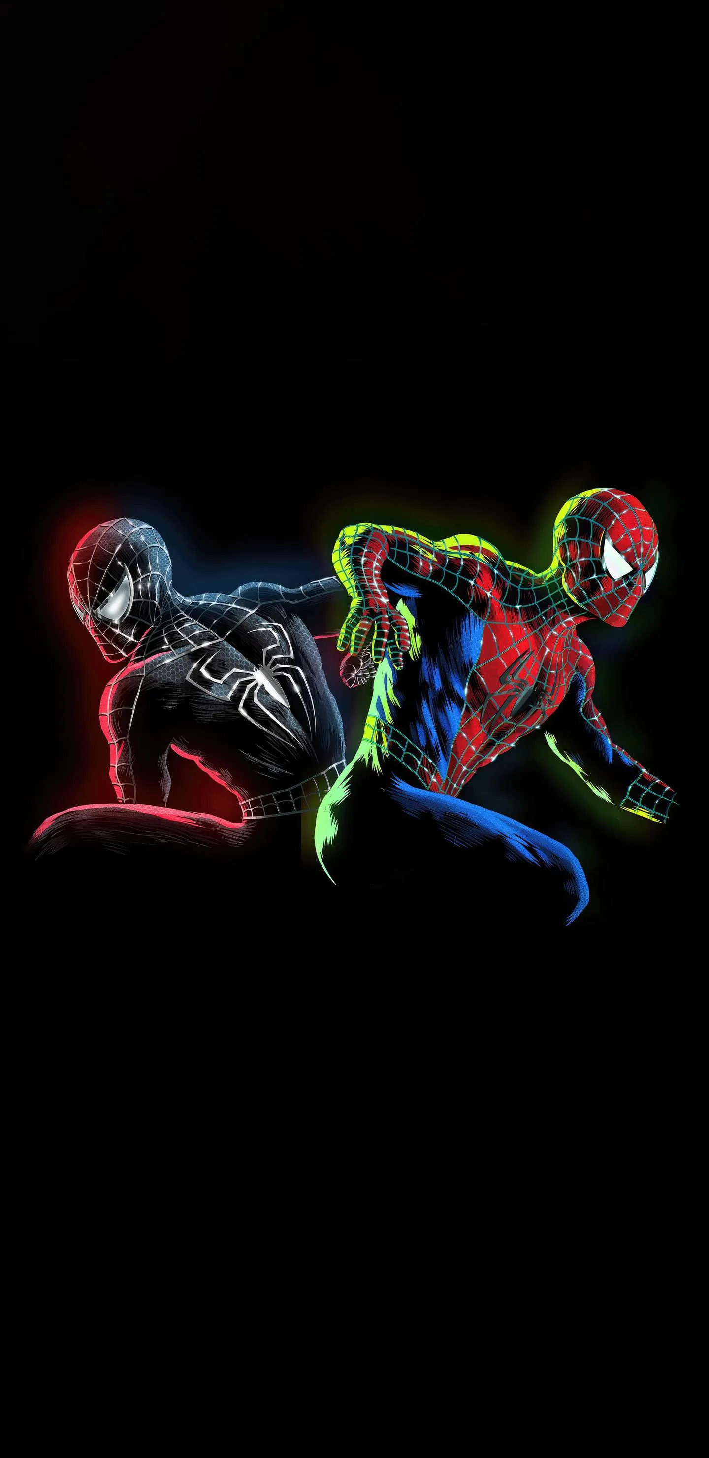 Classic and Black Suit SpiderMan in Vibrant Neon Contrast