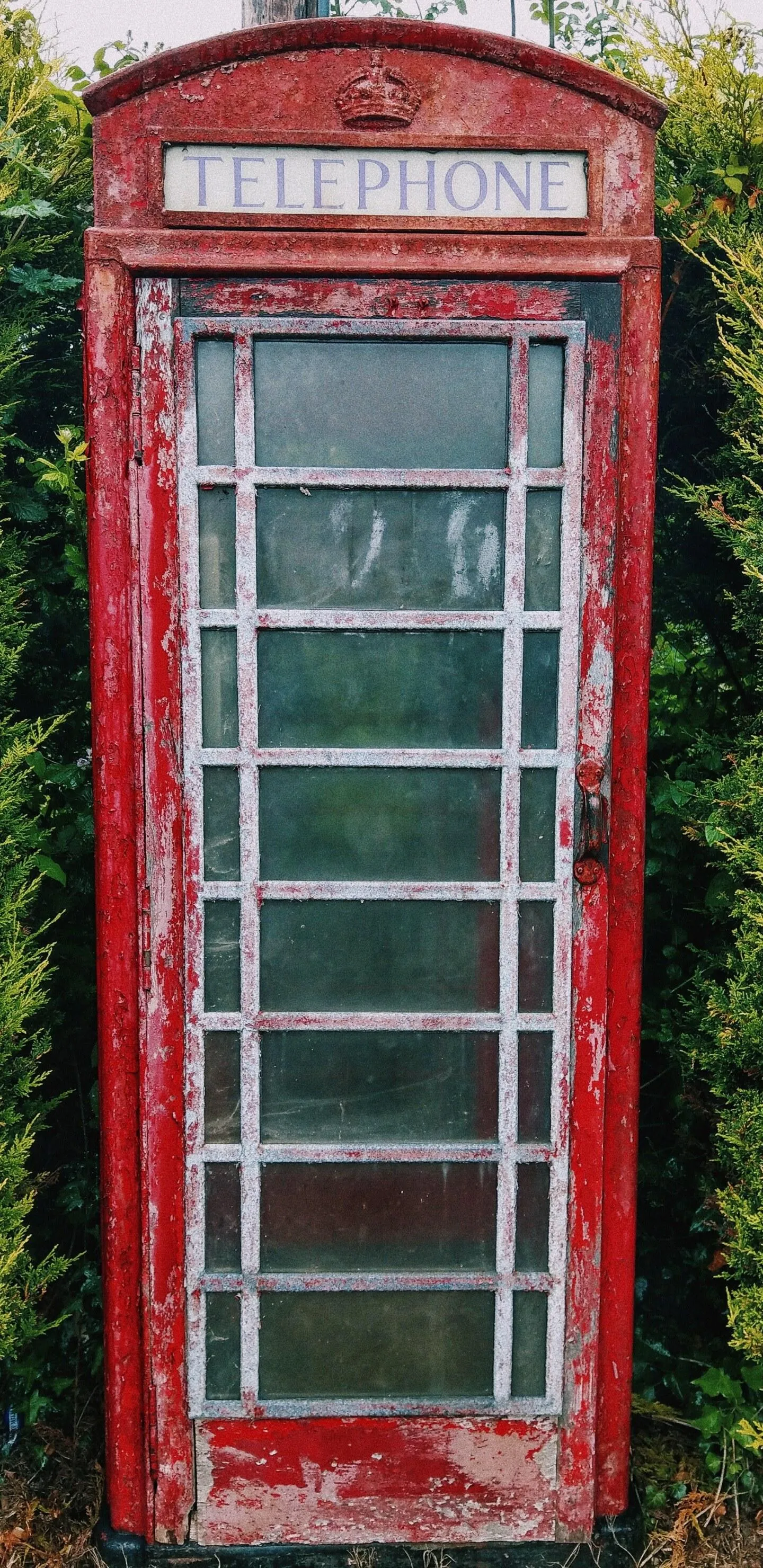 Classic British Red Telephone Booth in Garden Wallpaper
