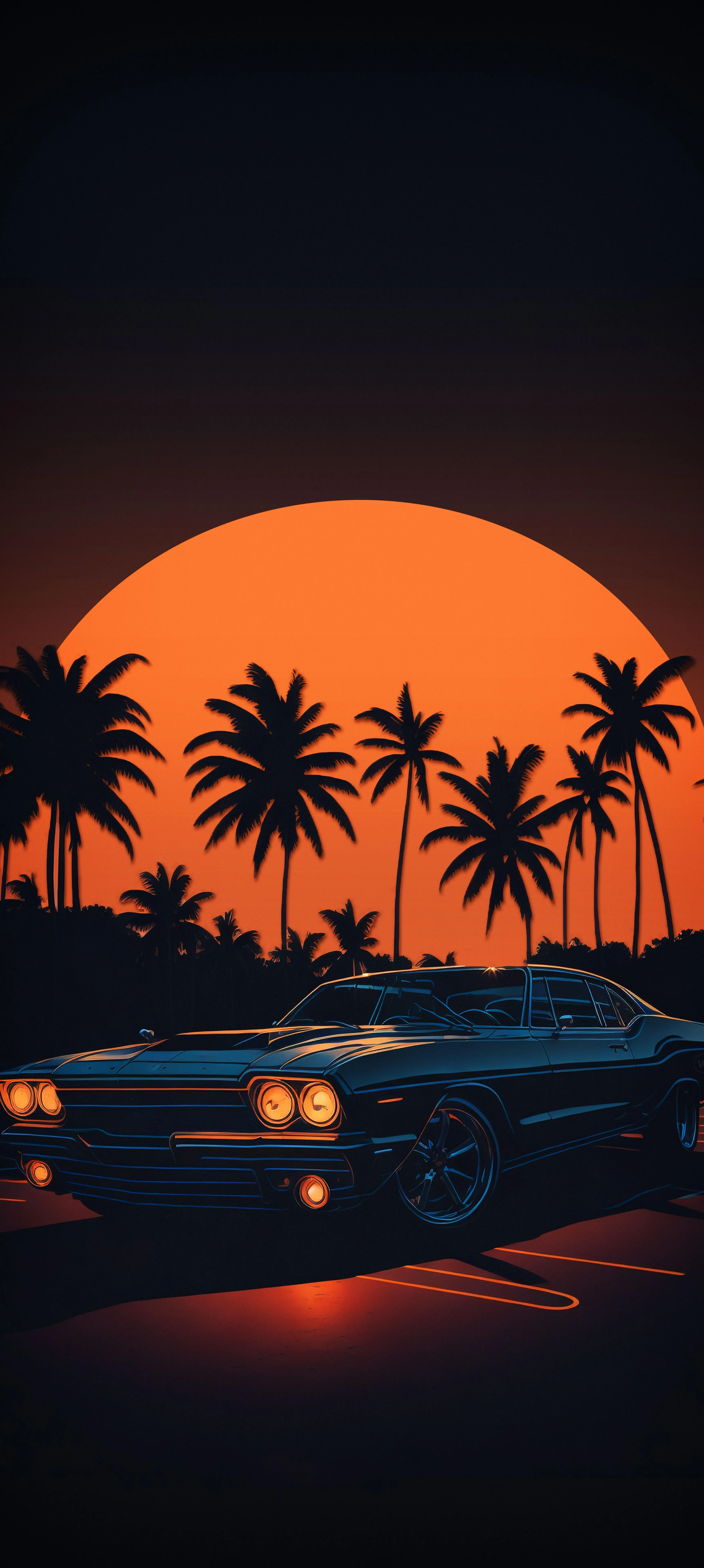 Classic Car Sunset Scene with Palm Trees HD Wallpaper